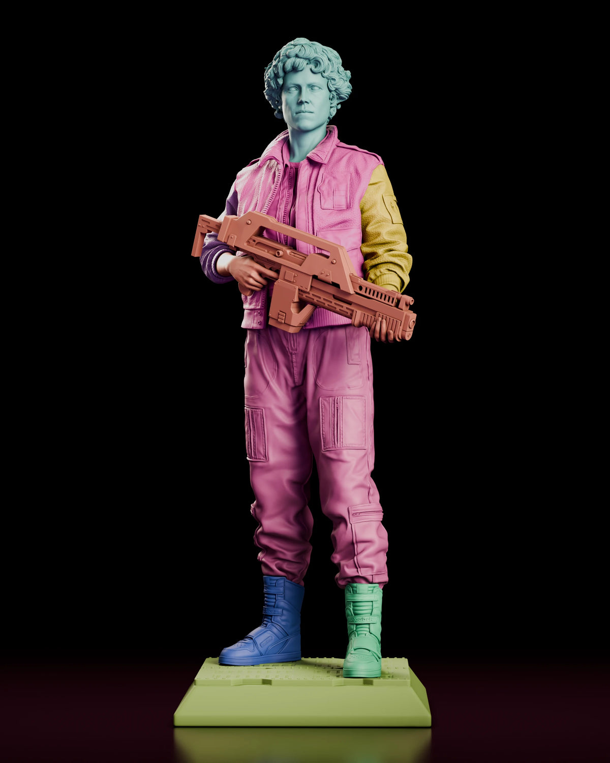 Parts breakdown render of the Ripley figure model kit with each separate component shown in a different colour