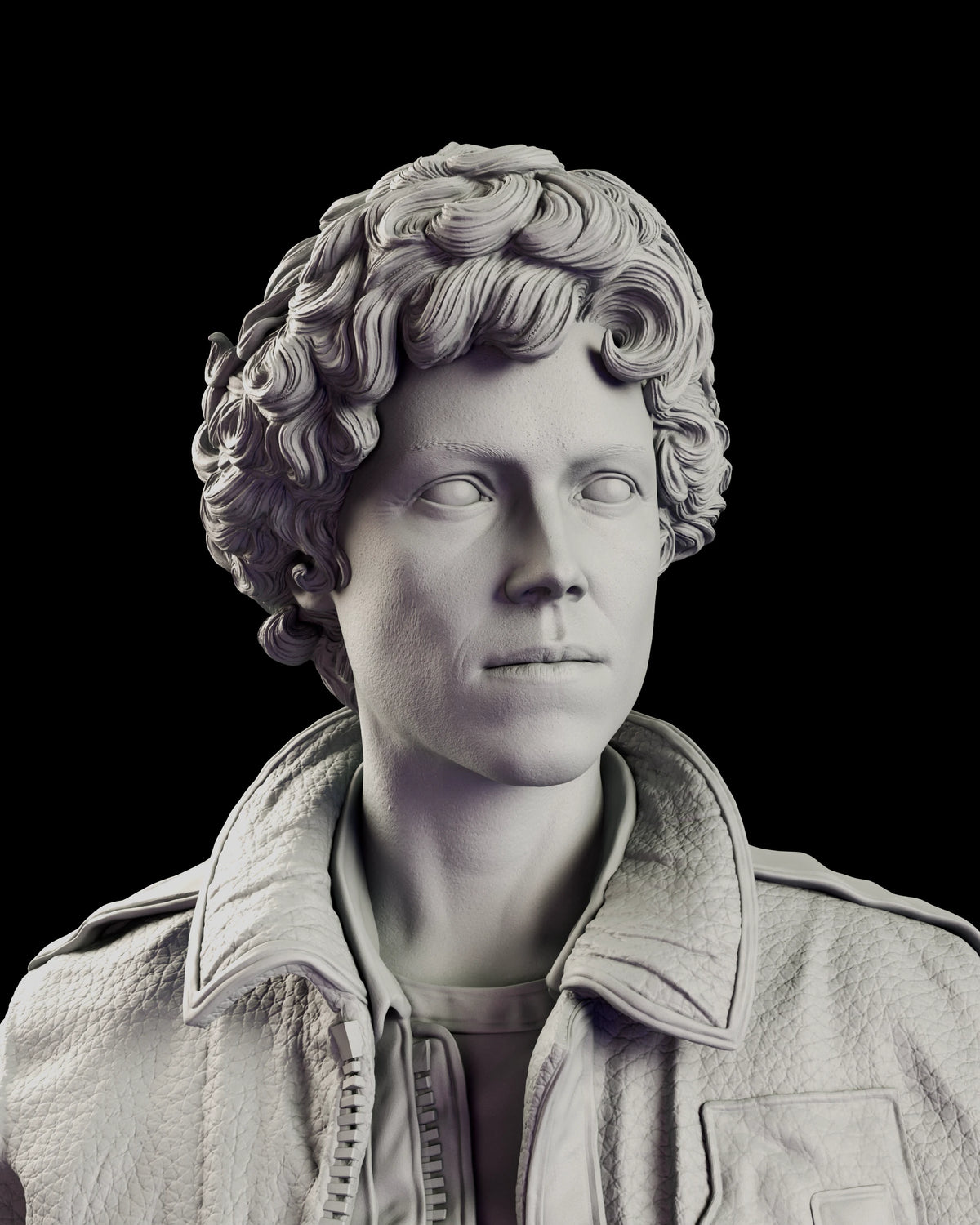 Head study of Ripley showing her tightly curled hair, small earring and steady composed expression above the popped jacket collar