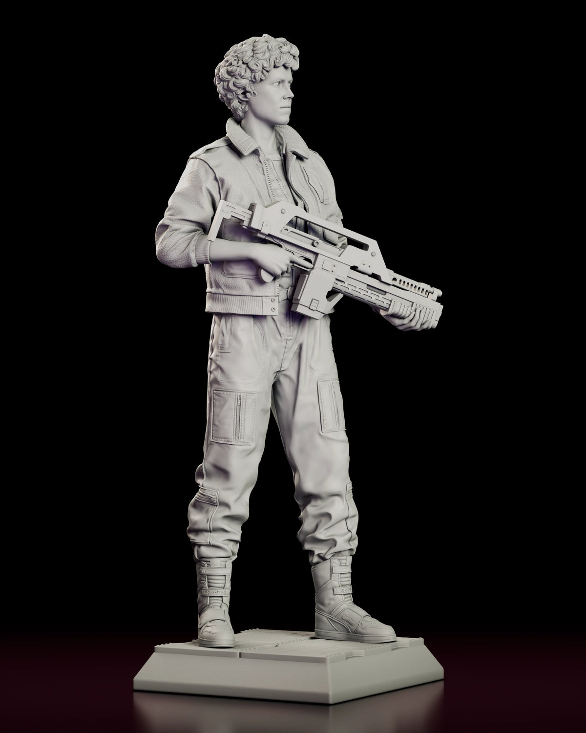 Right side view of the Ripley figure model kit showing the length of the pulse rifle and the fall of the jacket