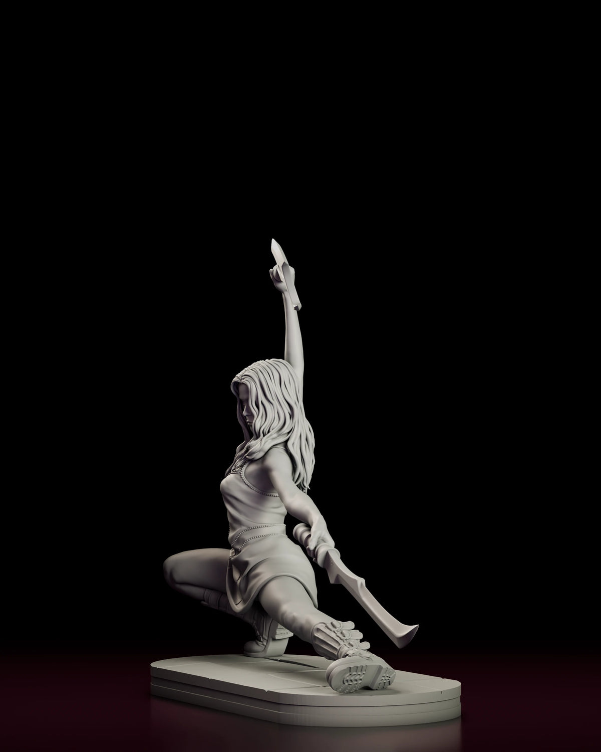 Left side view of the River Tam figure model kit with the raised arm stretched vertically overhead, the hair falling down her back and the extended boot resting flat on the base