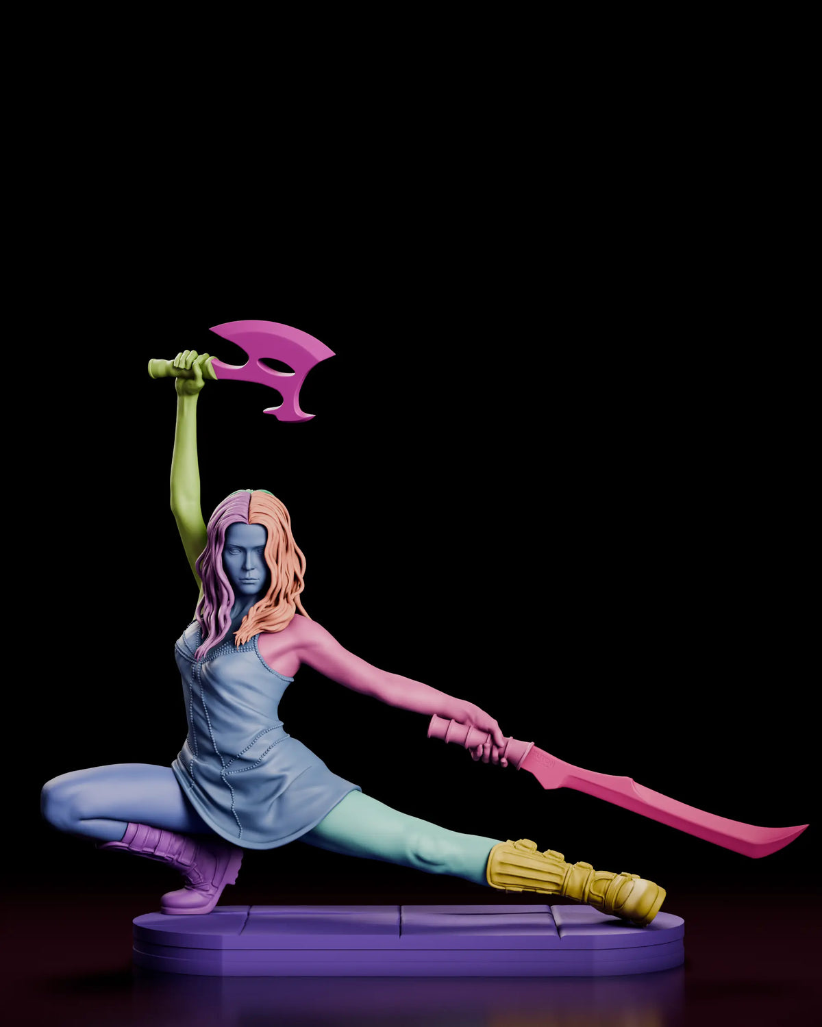 Parts breakdown of the River Tam figure model kit with the head, torso, arms, legs, boots, axe, sword and base each shown in a separate colour