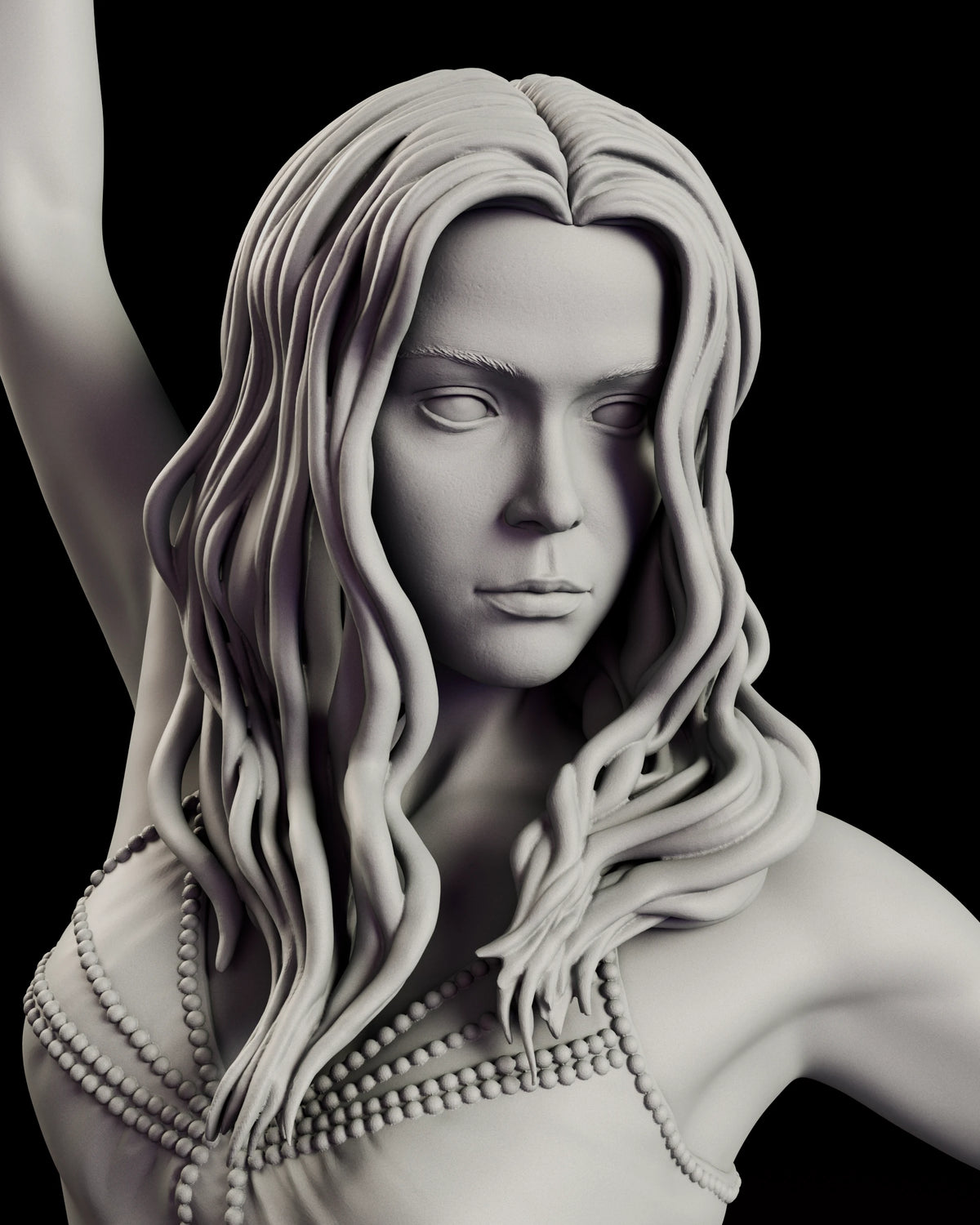 Portrait detail of the River Tam figure model kit showing the calm level gaze and the long wavy hair carved strand by strand over the beaded neckline of her dress