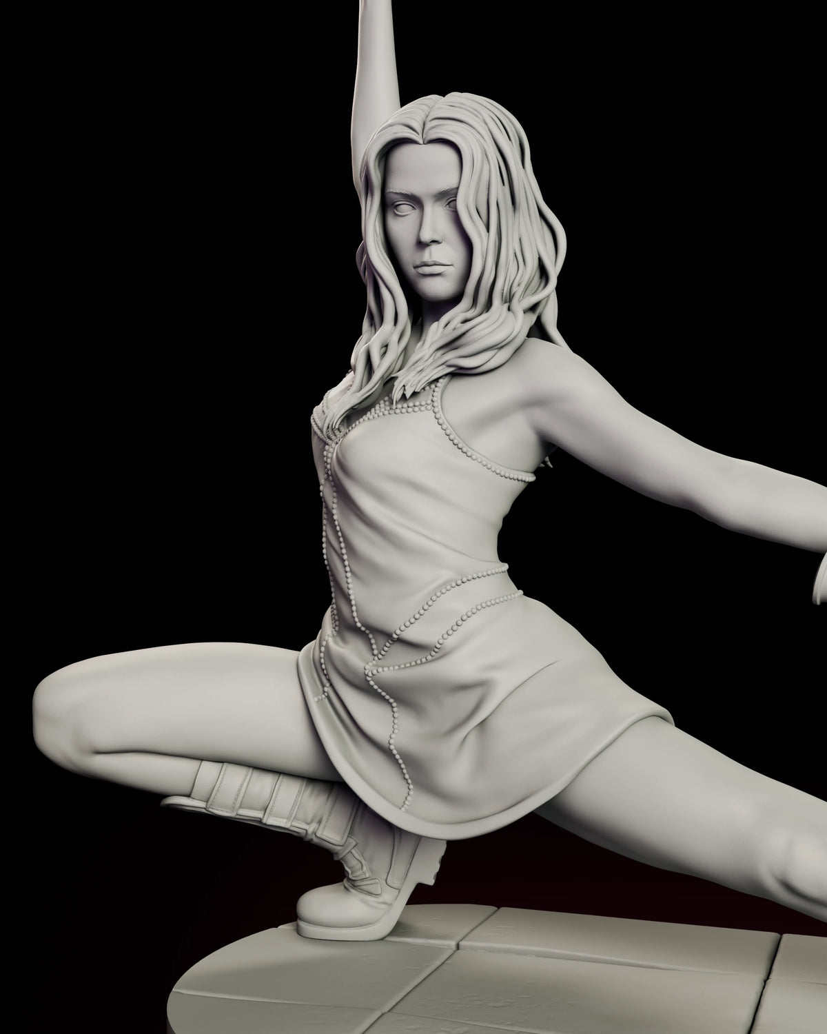 Angled detail of the River Tam figure model kit showing the folded and extended legs, the gathered waist of the short dress with its beaded trim and the laced boots planted on the panelled base