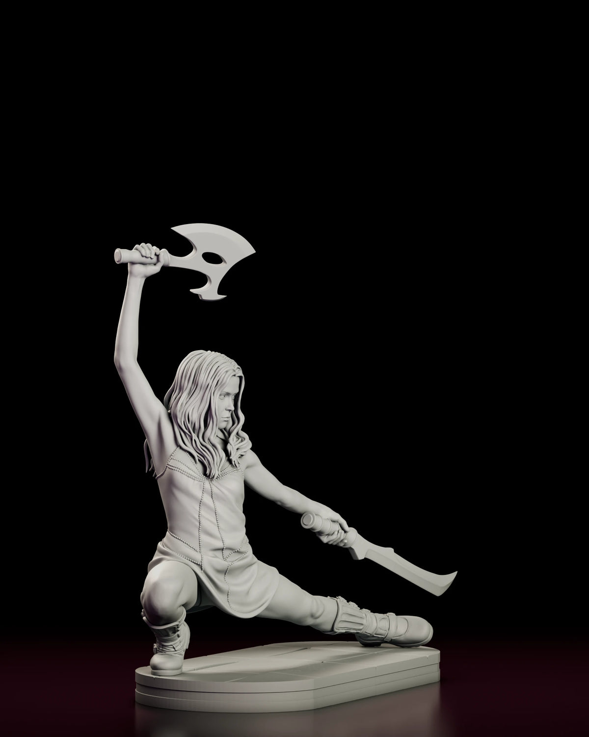 Right side view of the River Tam figure model kit showing the profile of the crouched pose, the raised axe arm and the sword carried just above the deck plating base