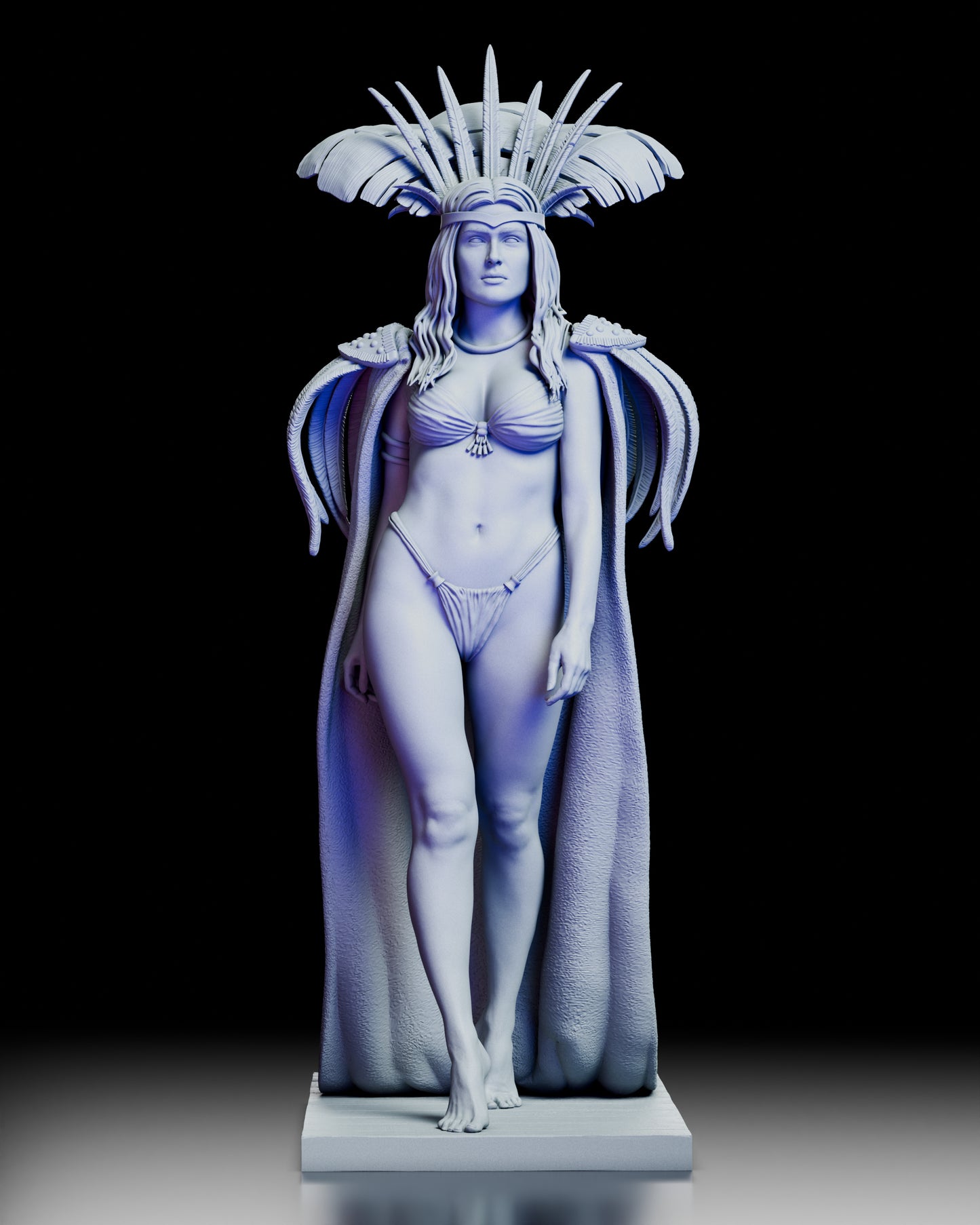 Front view of Santanico Pandemonium resin model kit inspired by Salma Hayek in From Dusk Till Dawn, wearing feathered headdress and cape