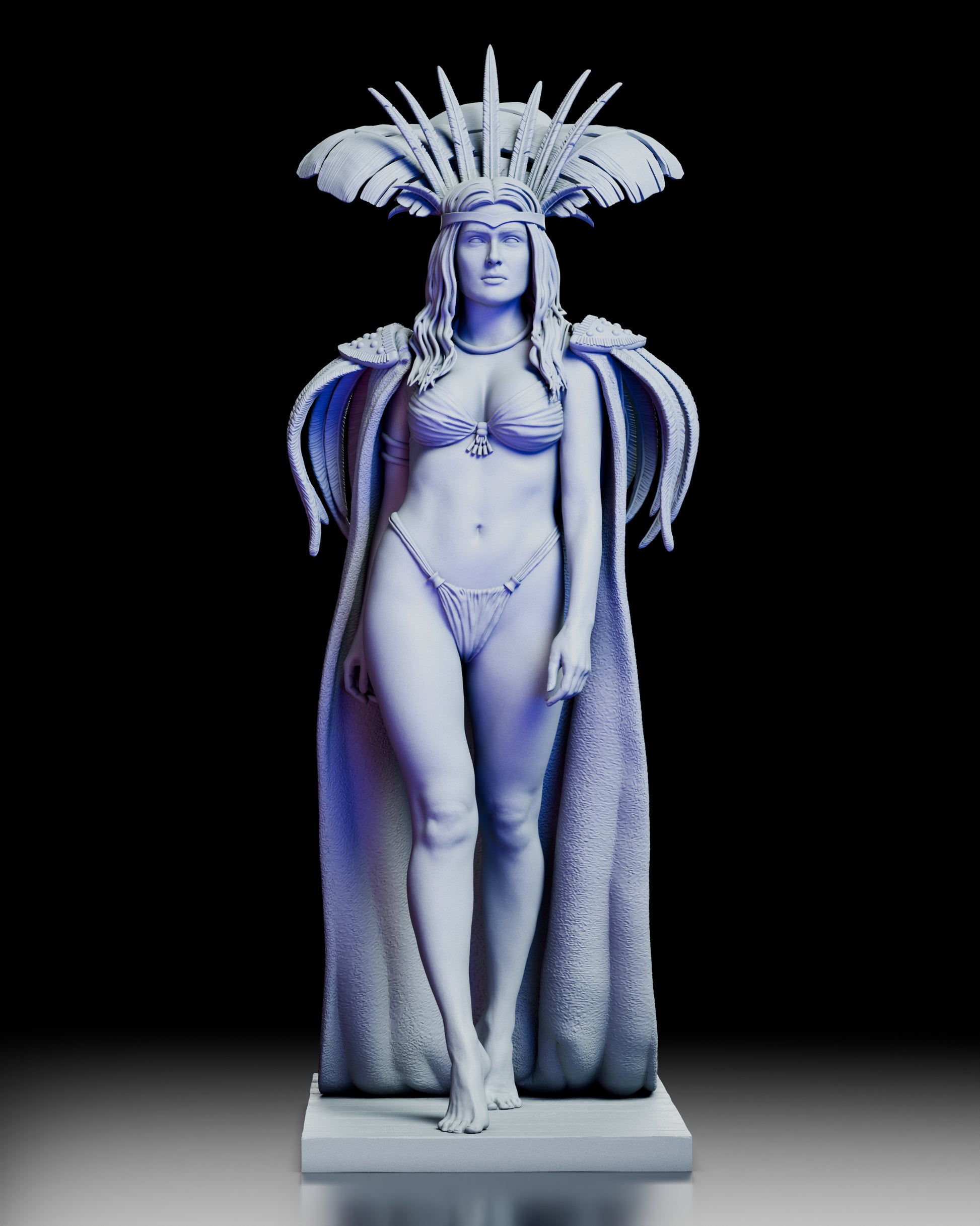 Front view of Santanico Pandemonium resin model kit inspired by Salma Hayek in From Dusk Till Dawn, wearing feathered headdress and cape