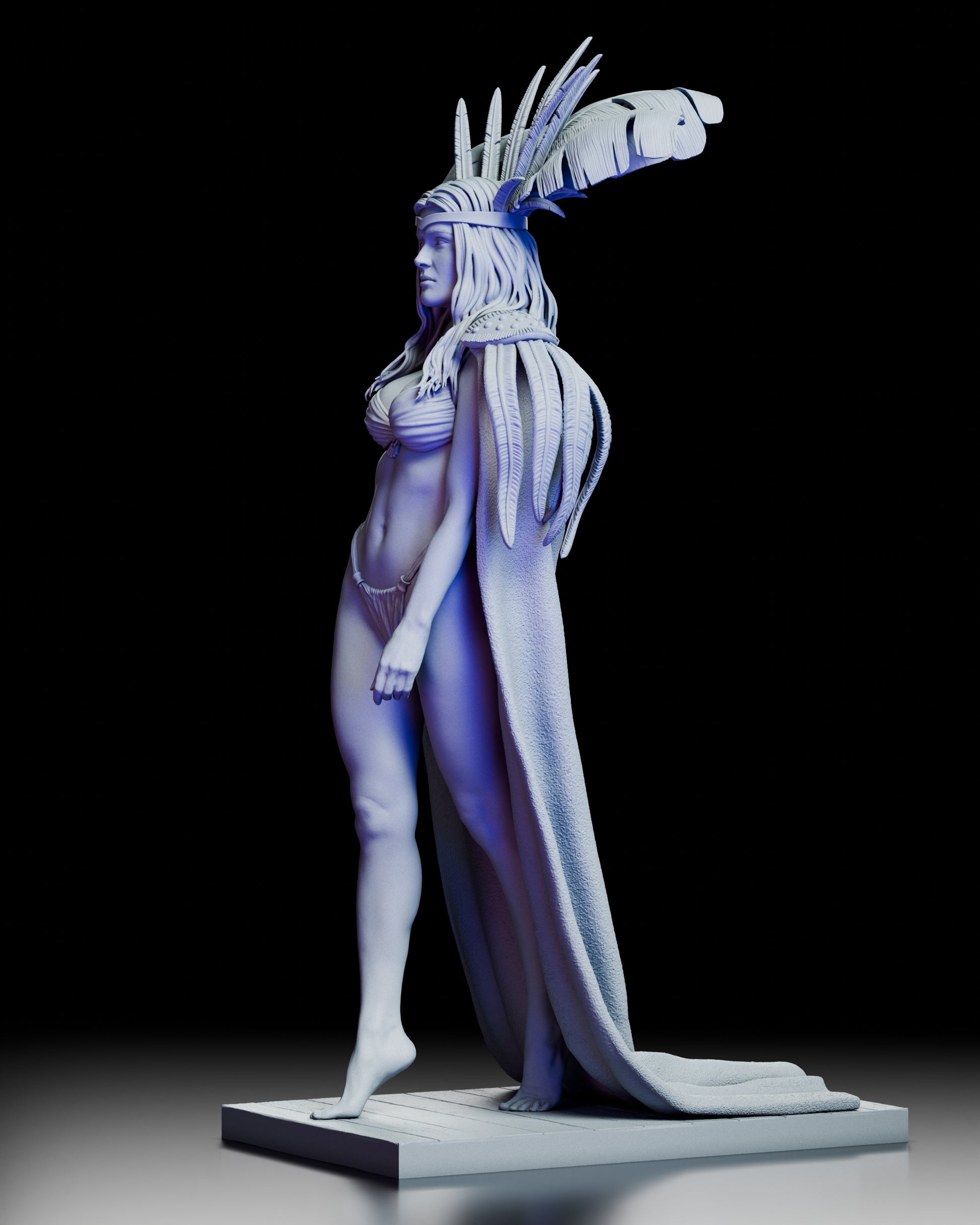 Left side view of Santanico Pandemonium resin kit highlighting cape folds, headdress feathers, and figure stance
