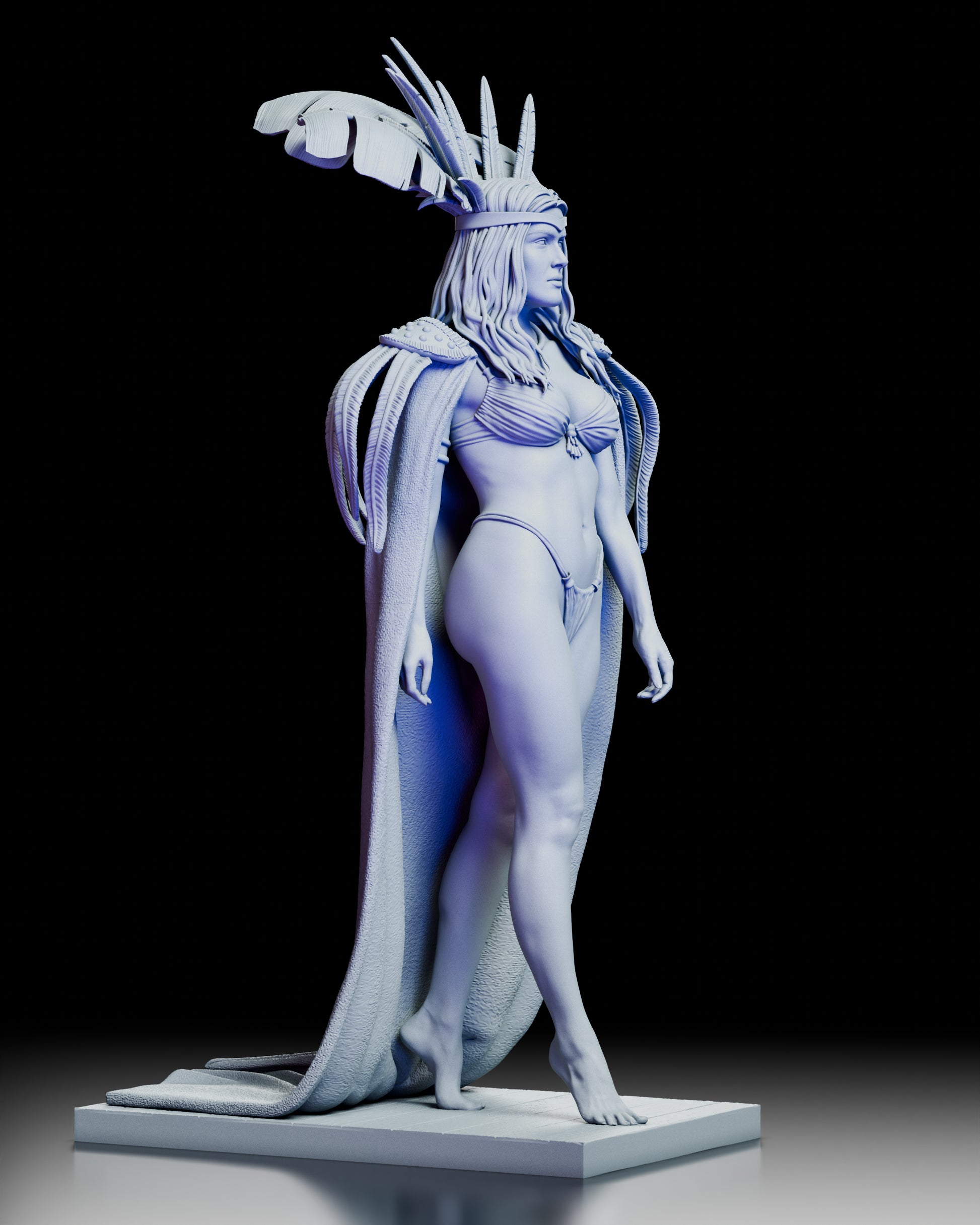 Right side view of Santanico Pandemonium model kit displaying intricate textures of costume, cape, and headdress