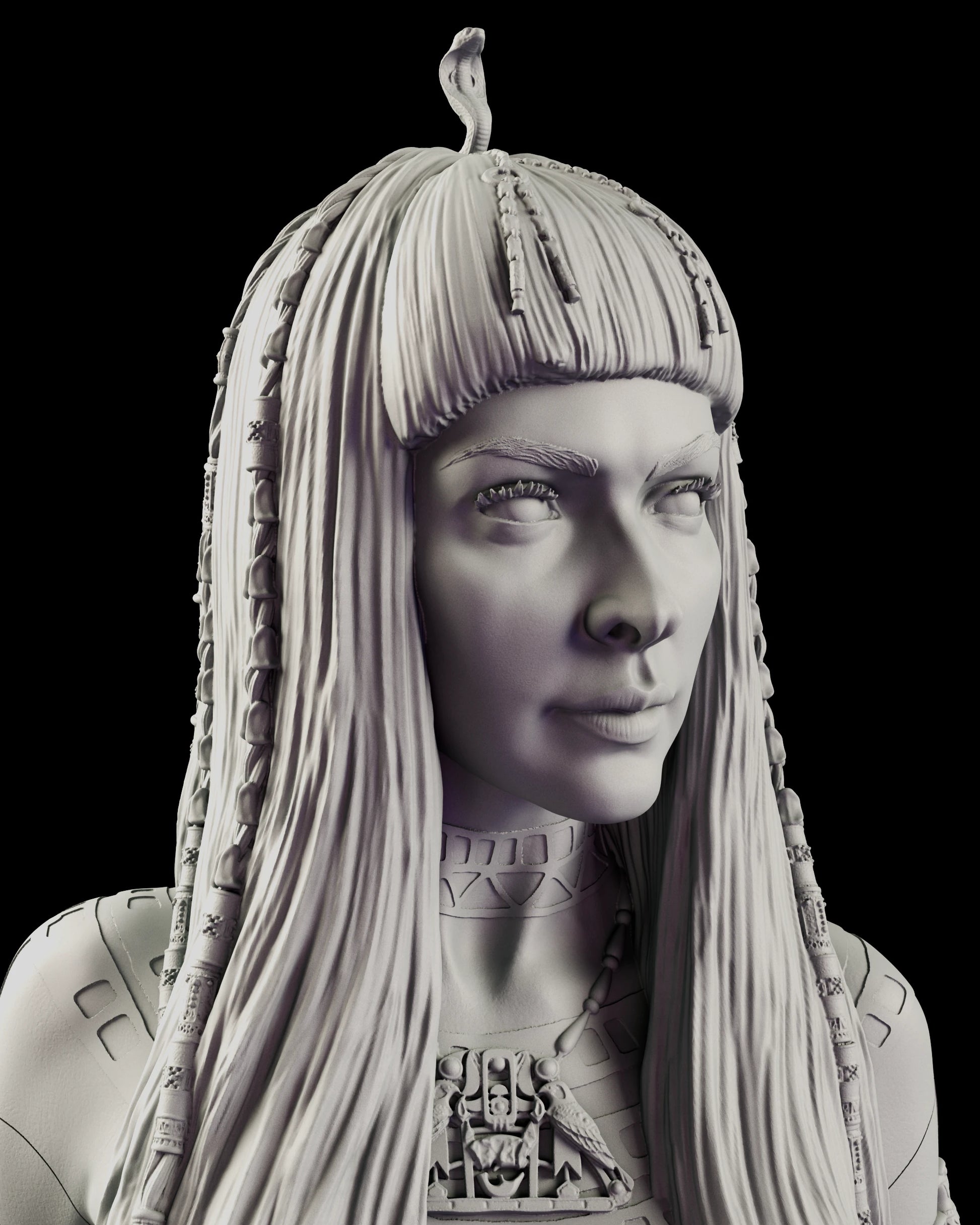 Portrait view of the Anck-Su-Namun figure model kit showing the cobra rearing from the crown of her beaded wig above a broad banded collar