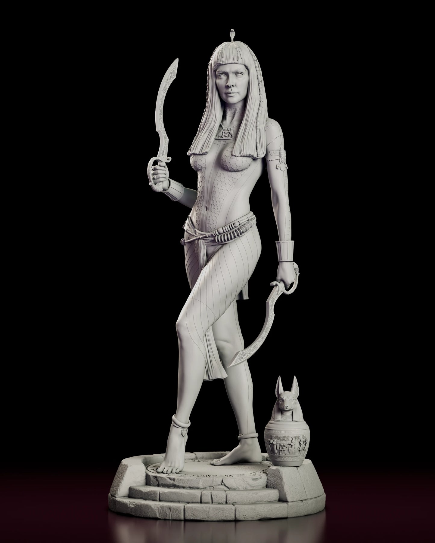 Front view of the Anck-Su-Namun figure model kit holding a raised khopesh and a lowered blade on a stepped stone base
