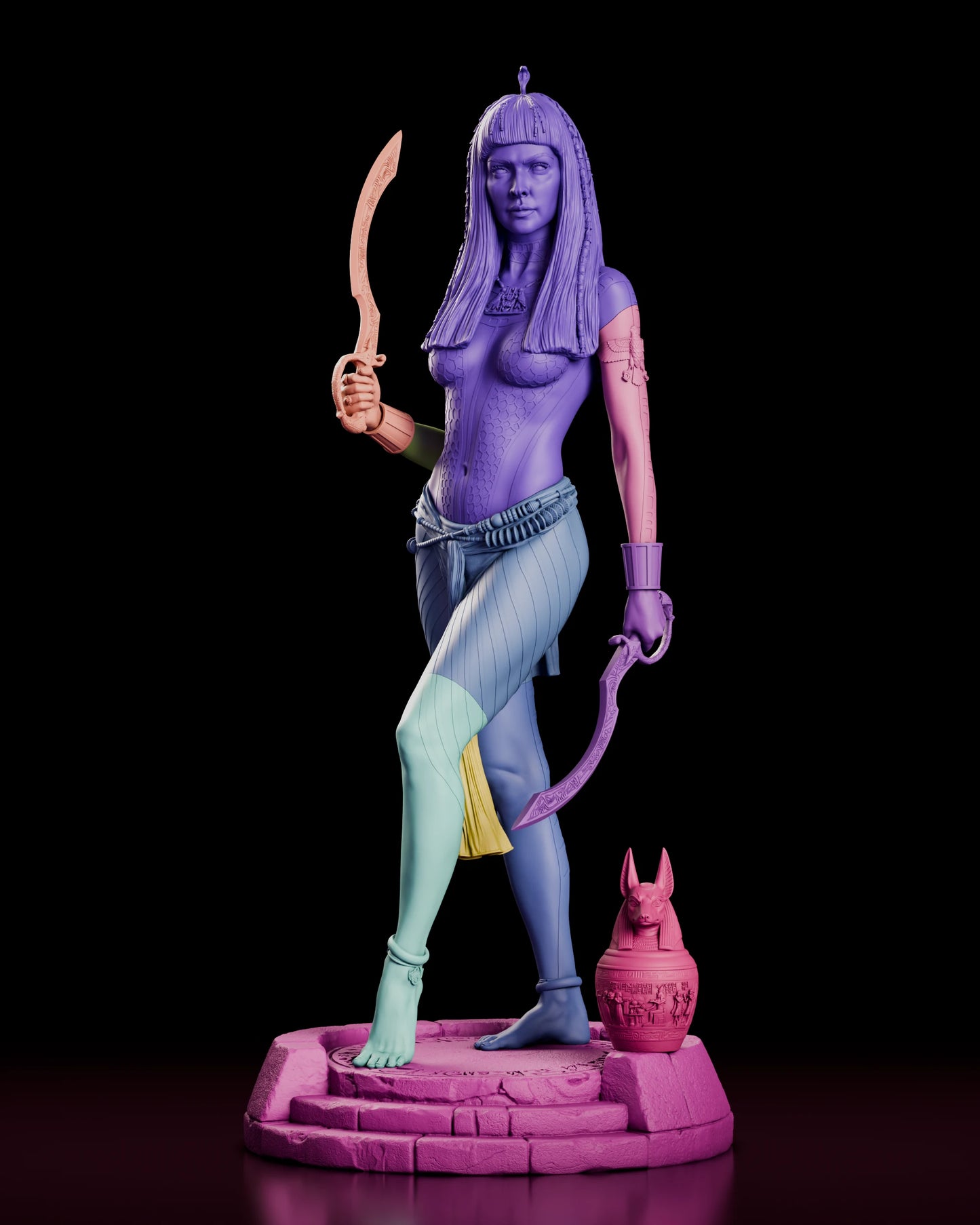 Parts breakdown of the Anck-Su-Namun resin kit with the wig, torso, blade arms, wrapped skirt, legs, canopic jar and base shown in separate colours