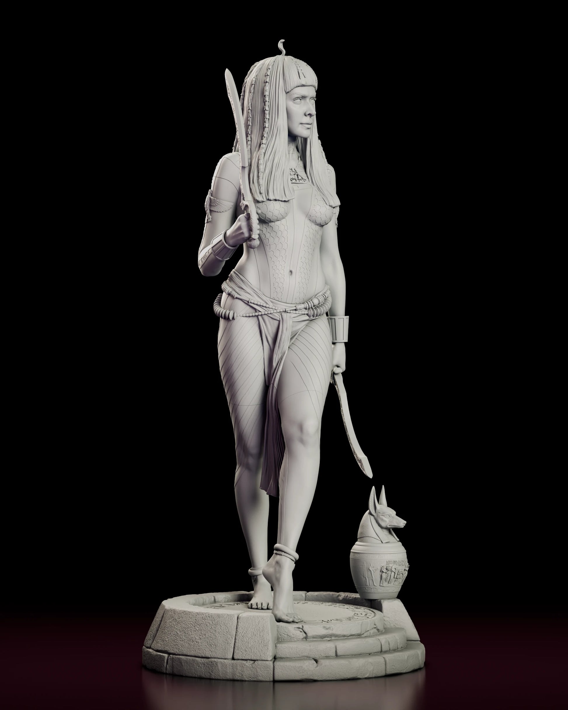 Right side view of the Anck-Su-Namun figure model kit showing the raised blade, the beaded rope belt and the fall of the striped wrap skirt