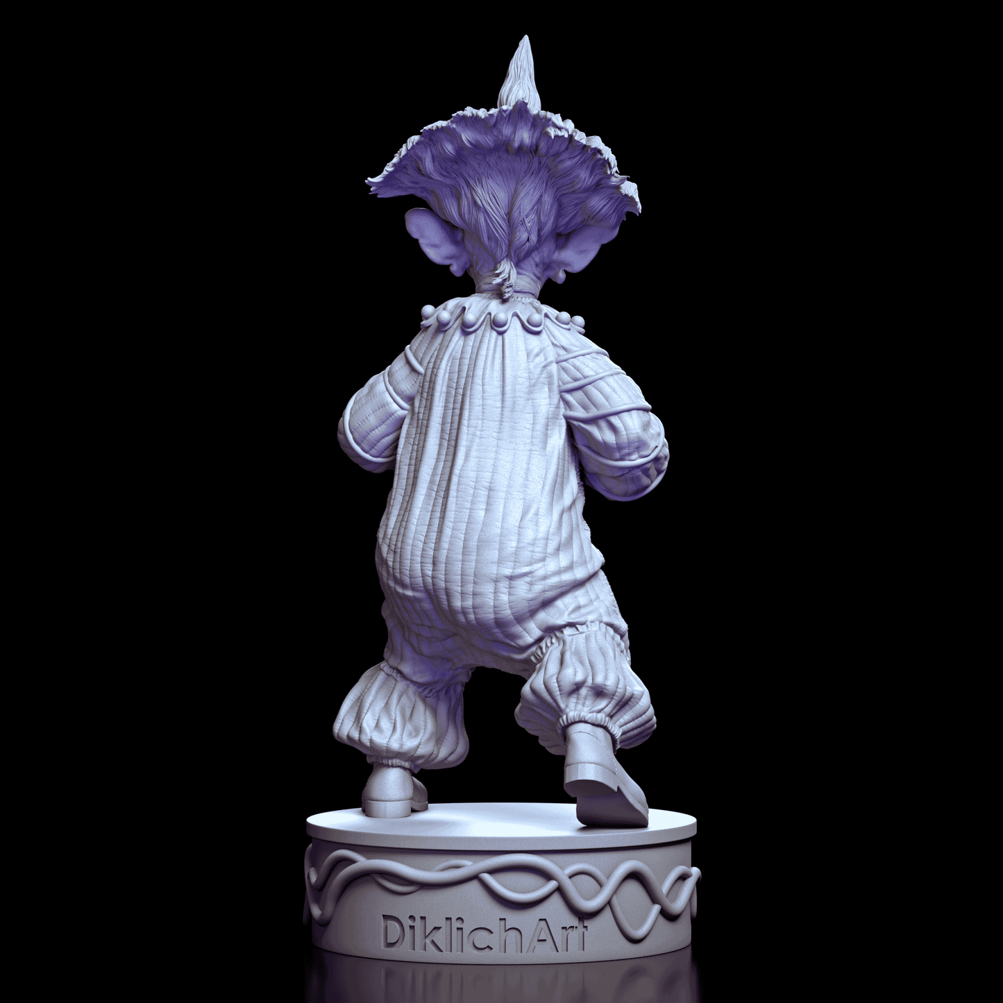 Back view of Shorty figure showing textured clown suit and base marked Dicklich Art
