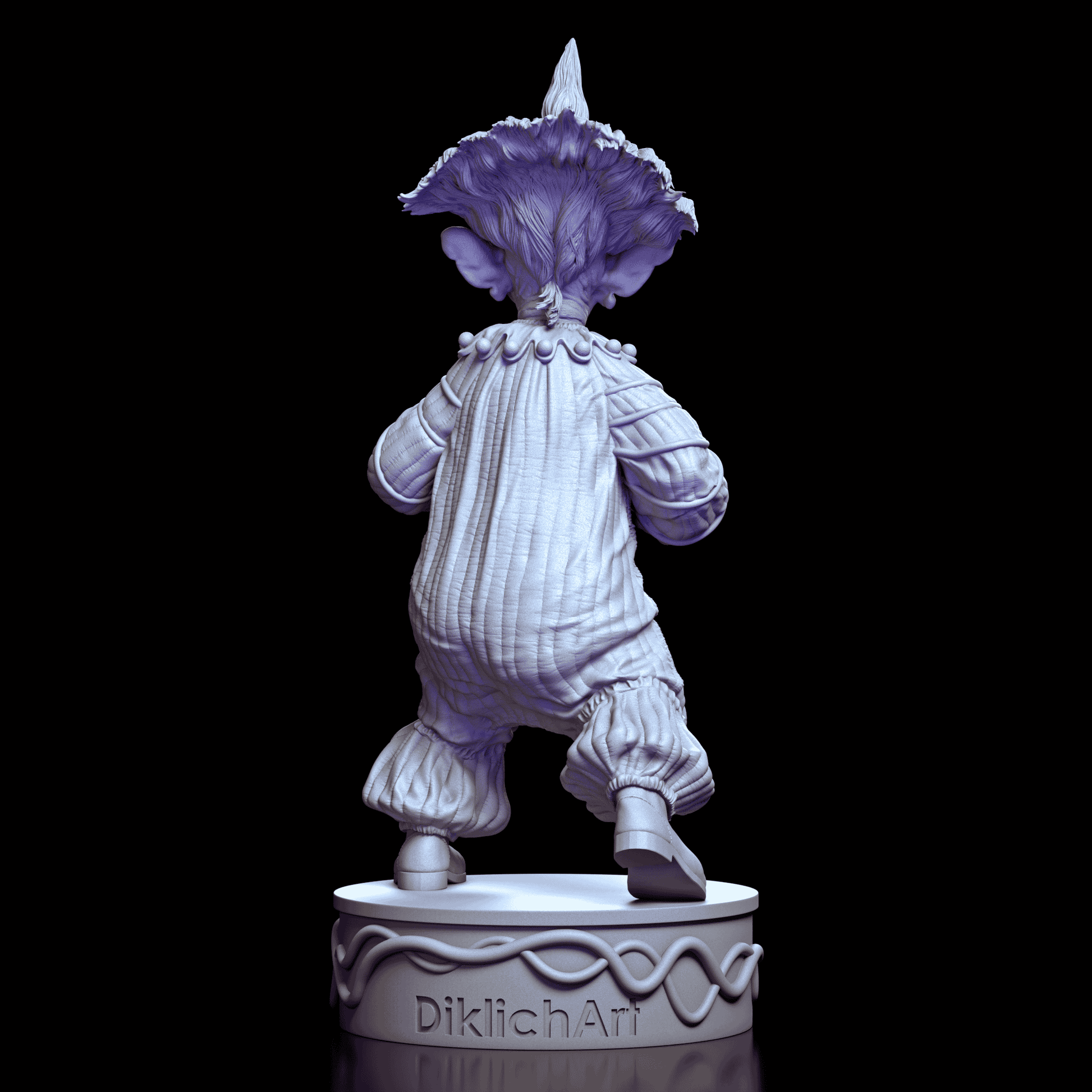 Back view of Shorty figure showing textured clown suit and base marked Dicklich Art