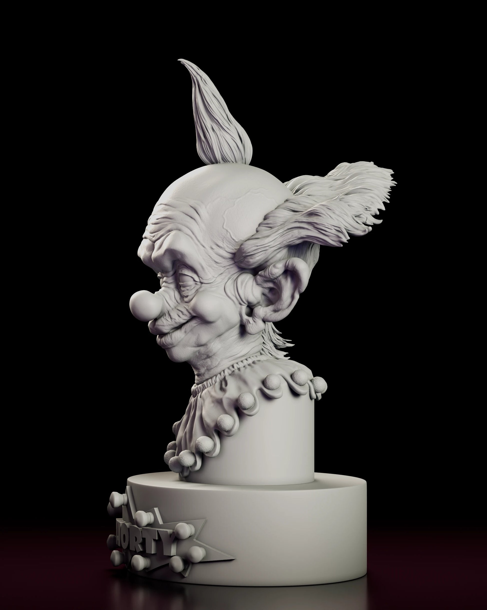 Left side view of the Shorty bust figure model kit showing the shaggy hair sweeping back and the gathered folds of the collar