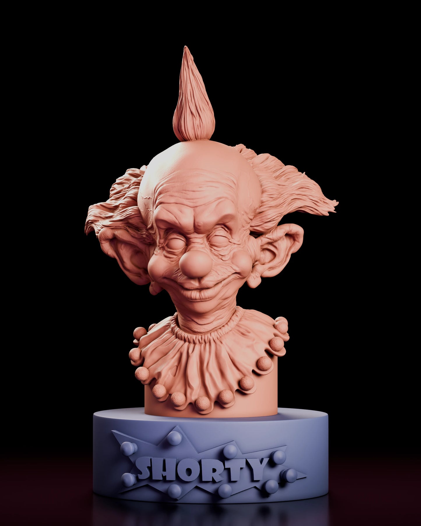 Parts breakdown of the Shorty bust figure model kit showing the head and pompom-trimmed collar as one component and the lettered plinth as the other