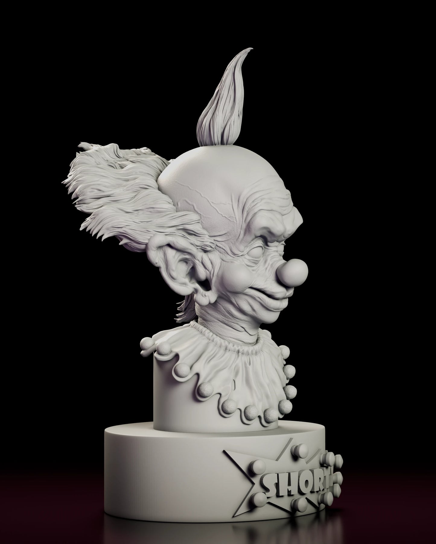 Right side view of the Shorty bust figure model kit showing the profile of the topknot, the ear and the ring of pompoms edging the collar