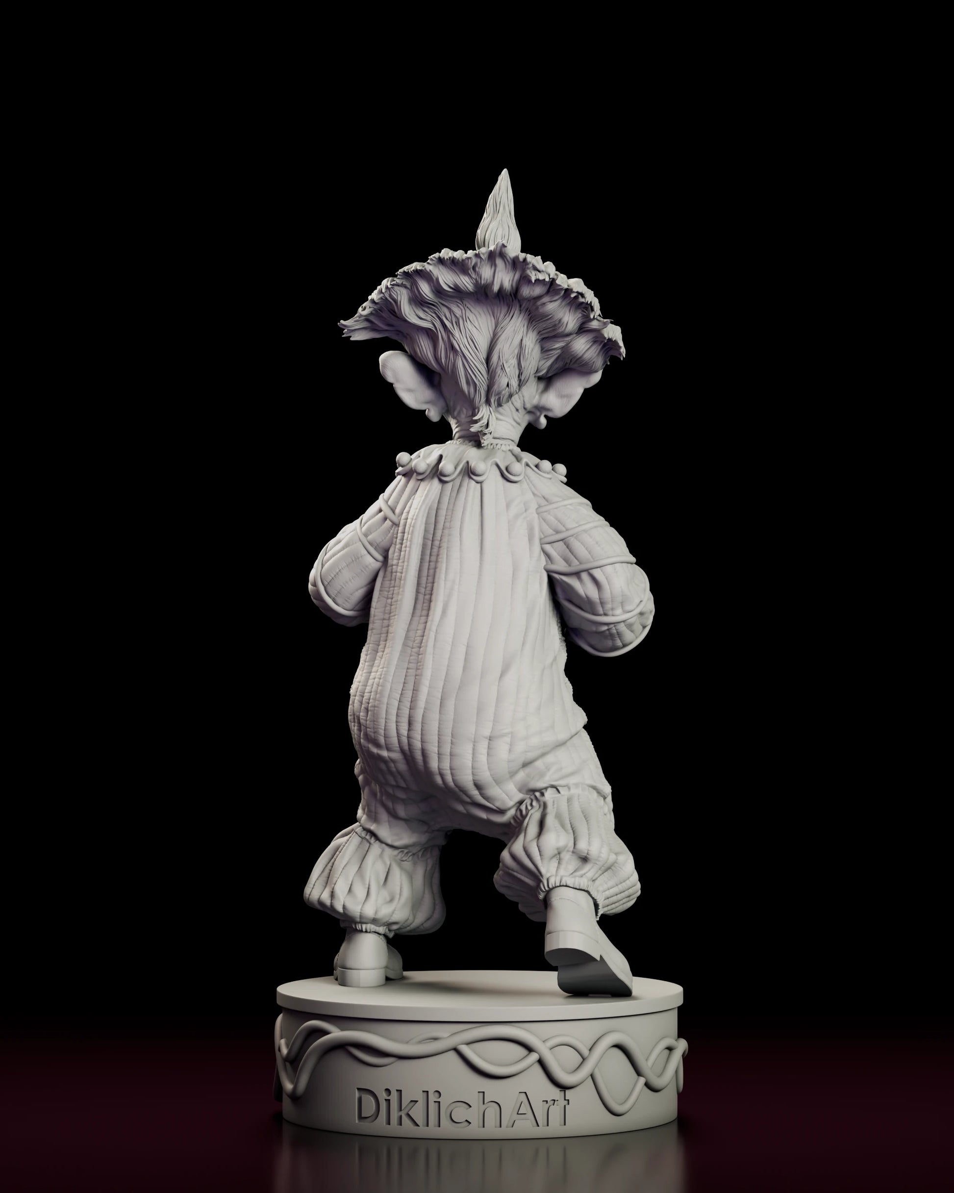 Back view of the Shorty figure model kit showing the hair fanned out above the collar, pompom buttons across the shoulders and the sculptor mark on the plinth