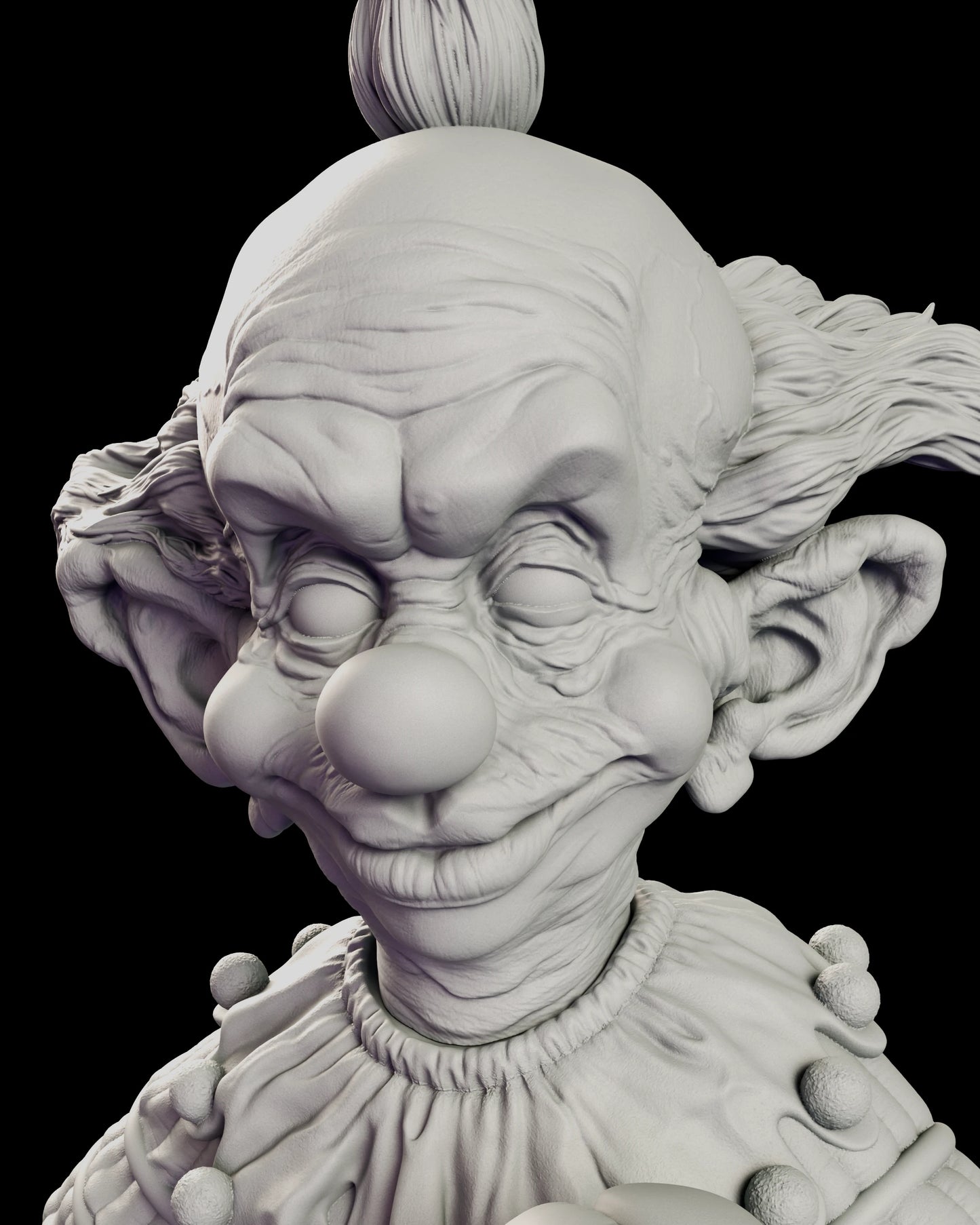 Portrait view of the Shorty figure model kit capturing the pointed topknot, hooded eyes, round cheeks and sly closed-lipped grin