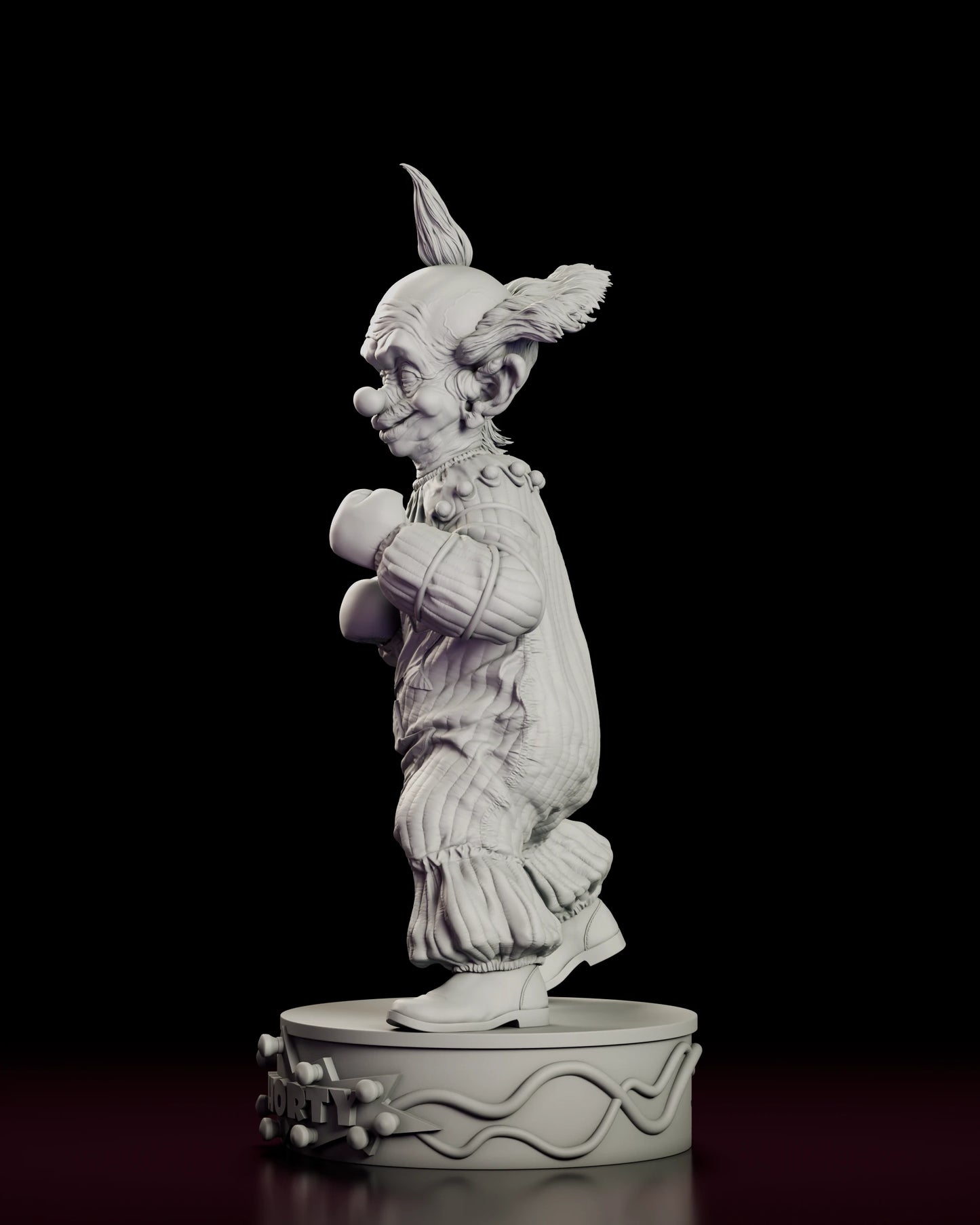 Left side view of the Shorty figure model kit showing the profile of the topknot, the swept side tufts and the piping around the plinth rim