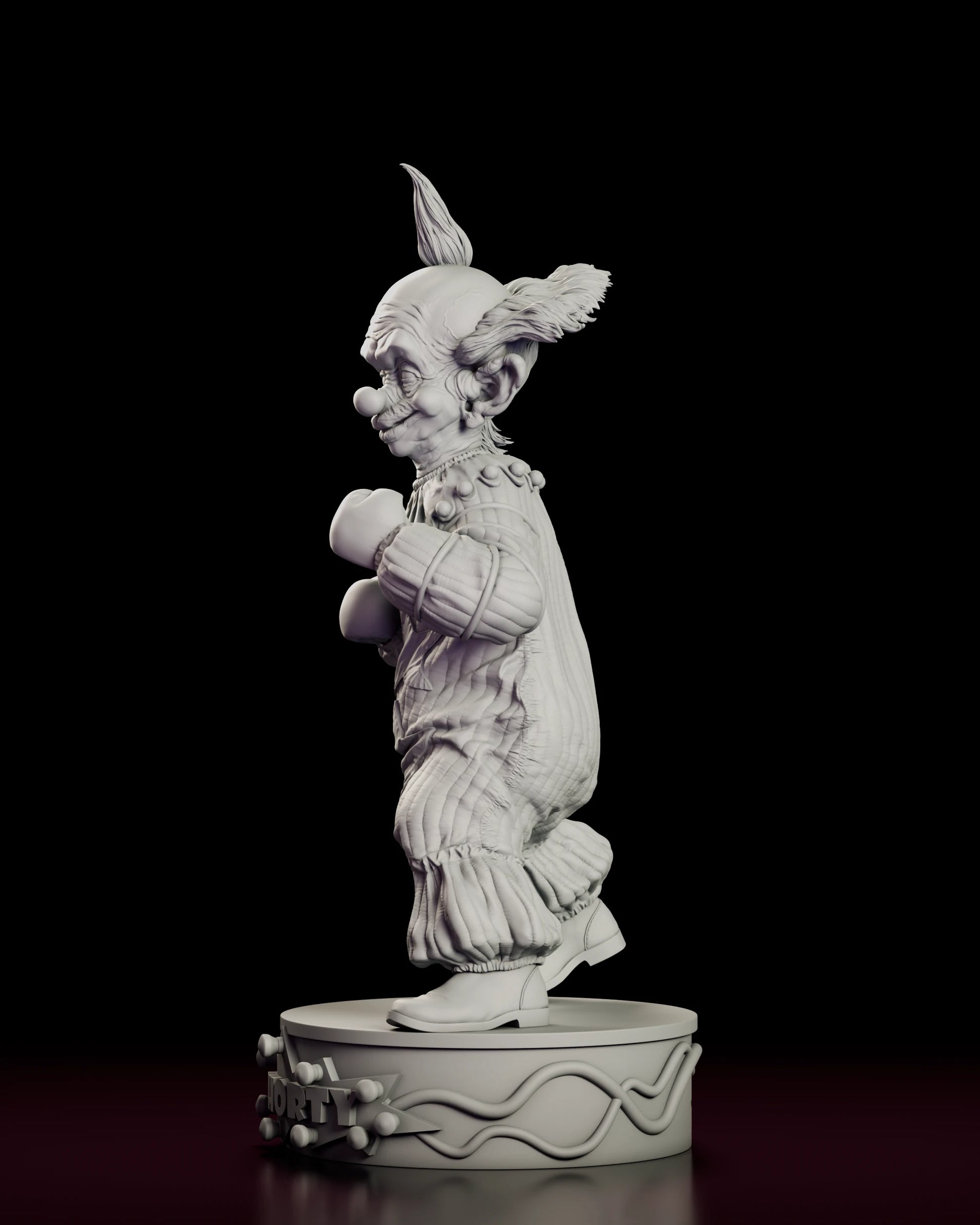 Left side view of the Shorty figure model kit showing the profile of the topknot, the swept side tufts and the piping around the plinth rim
