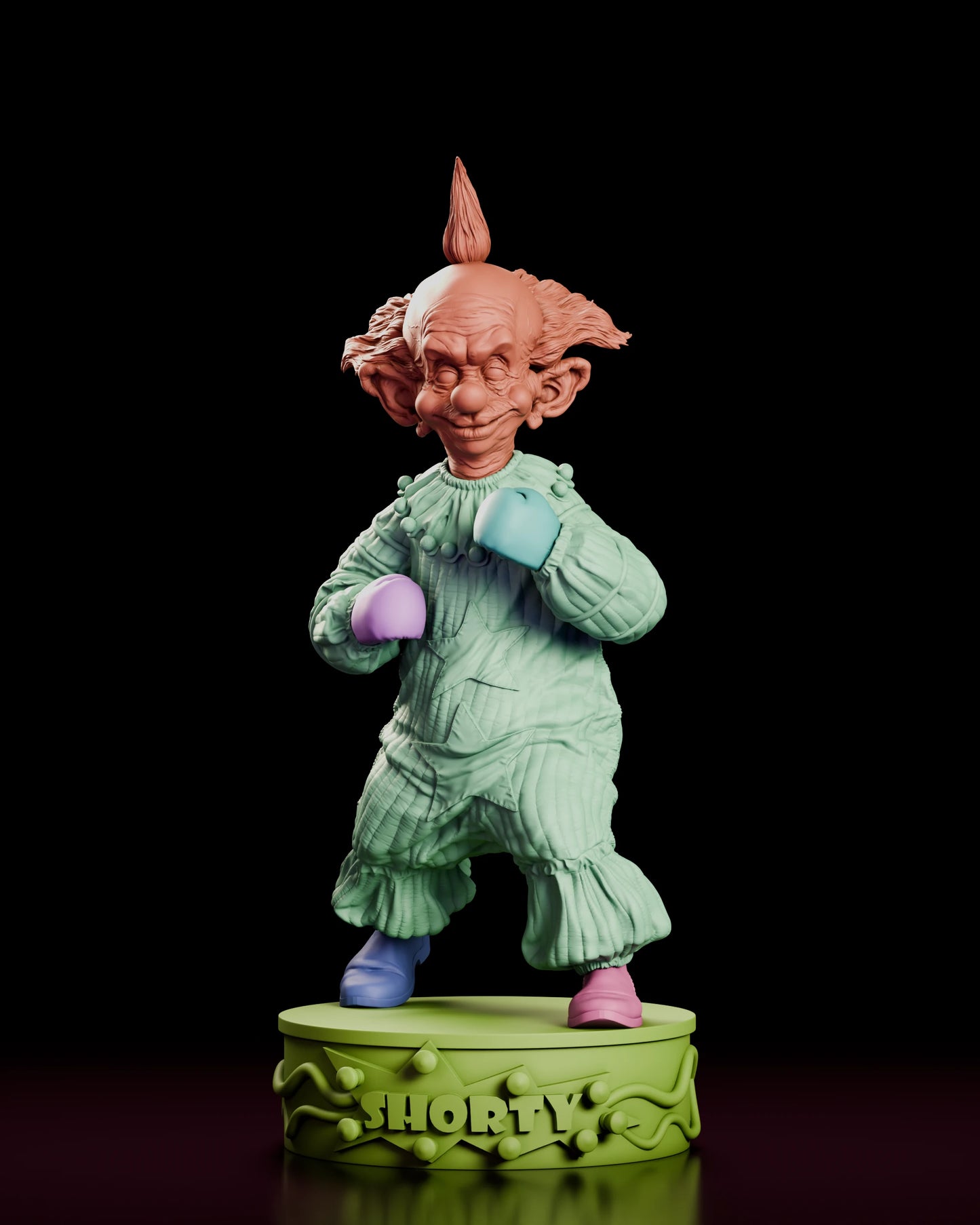 Parts breakdown of the Shorty figure model kit with the head, quilted body, two padded mitts, boots and lettered base shown as separate components