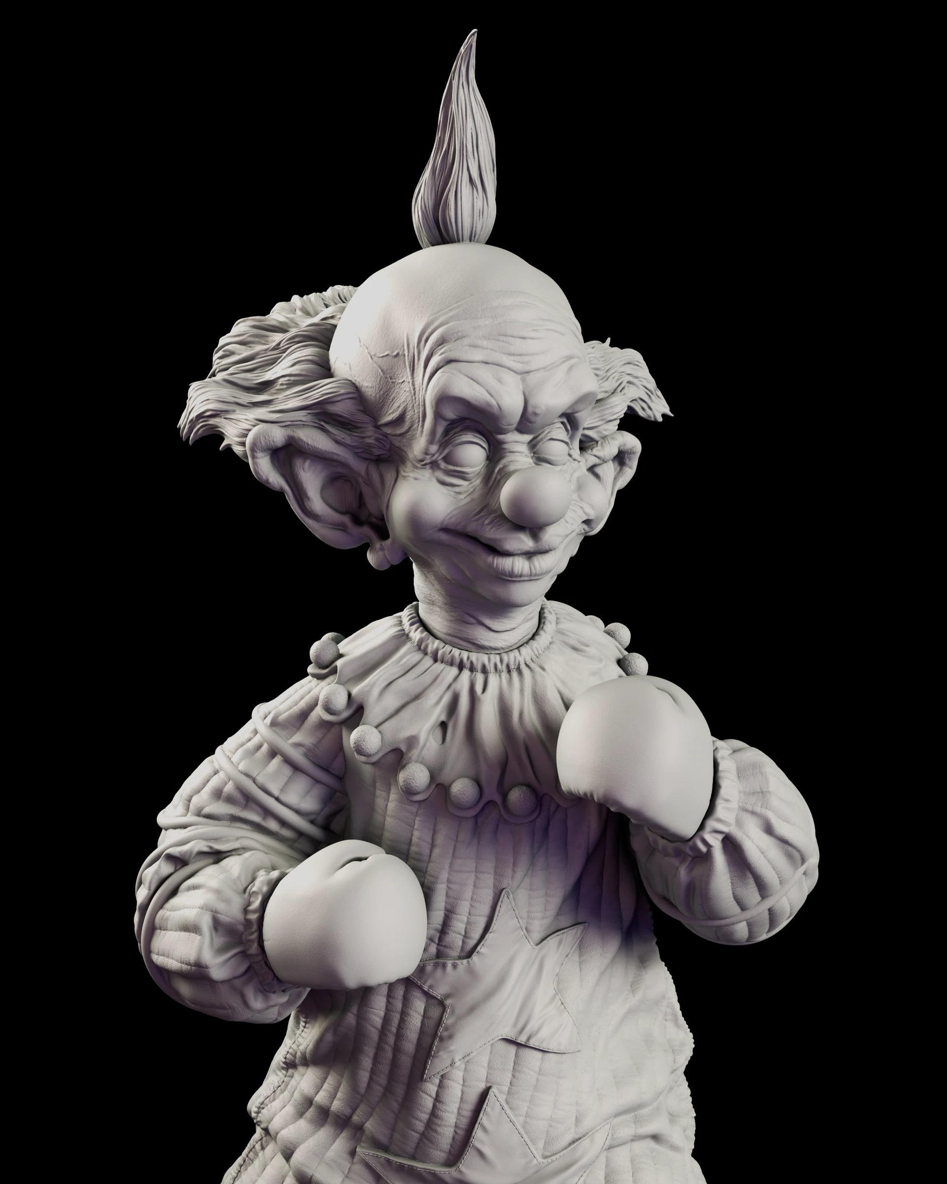 Close view of the Shorty figure model kit showing both padded mitts held up in a guard above the pompom buttons and star-patched smock