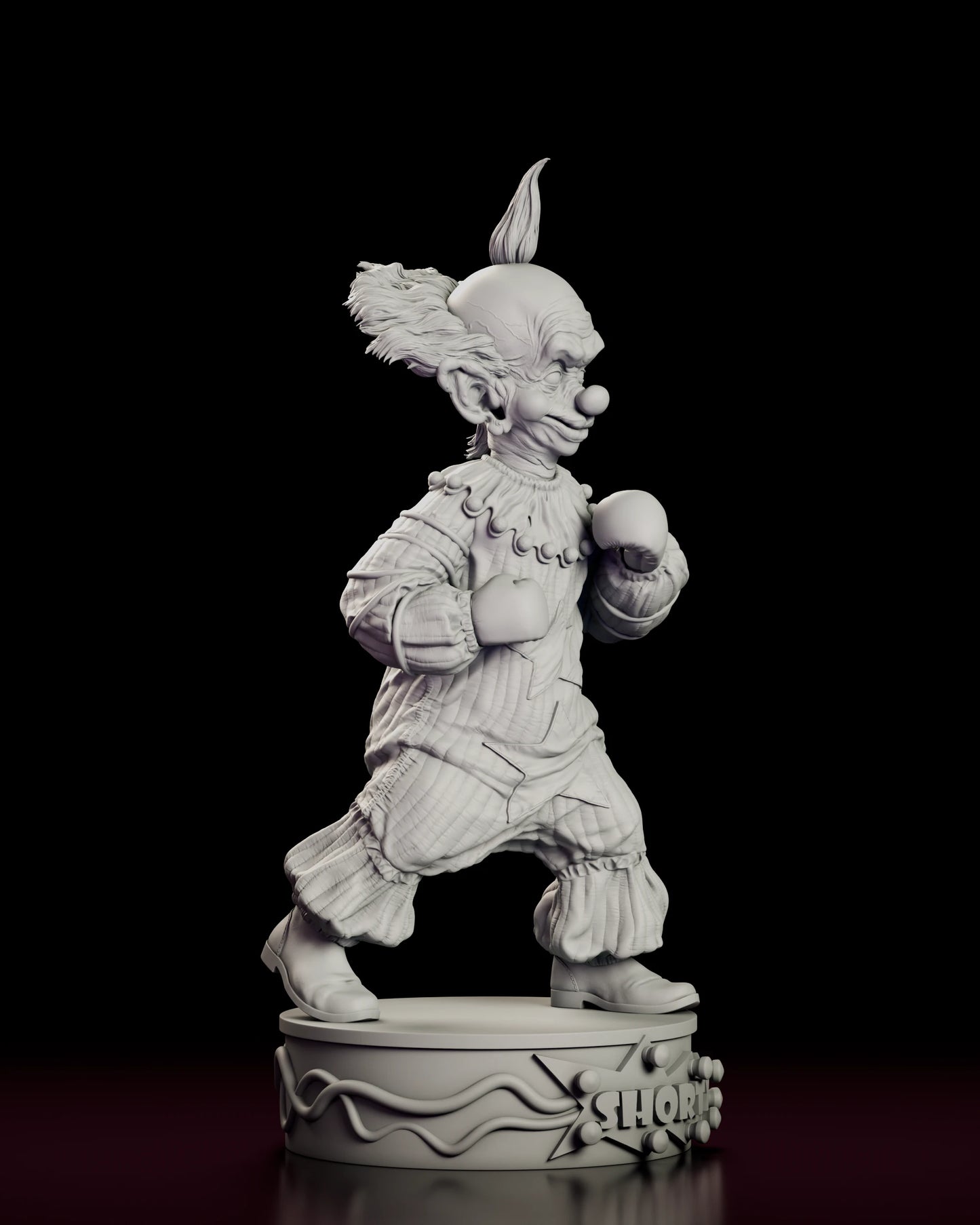 Right side view of the Shorty figure model kit showing the braced stance, the ribbed corduroy smock and the ruffled cuffs above flat ankle boots