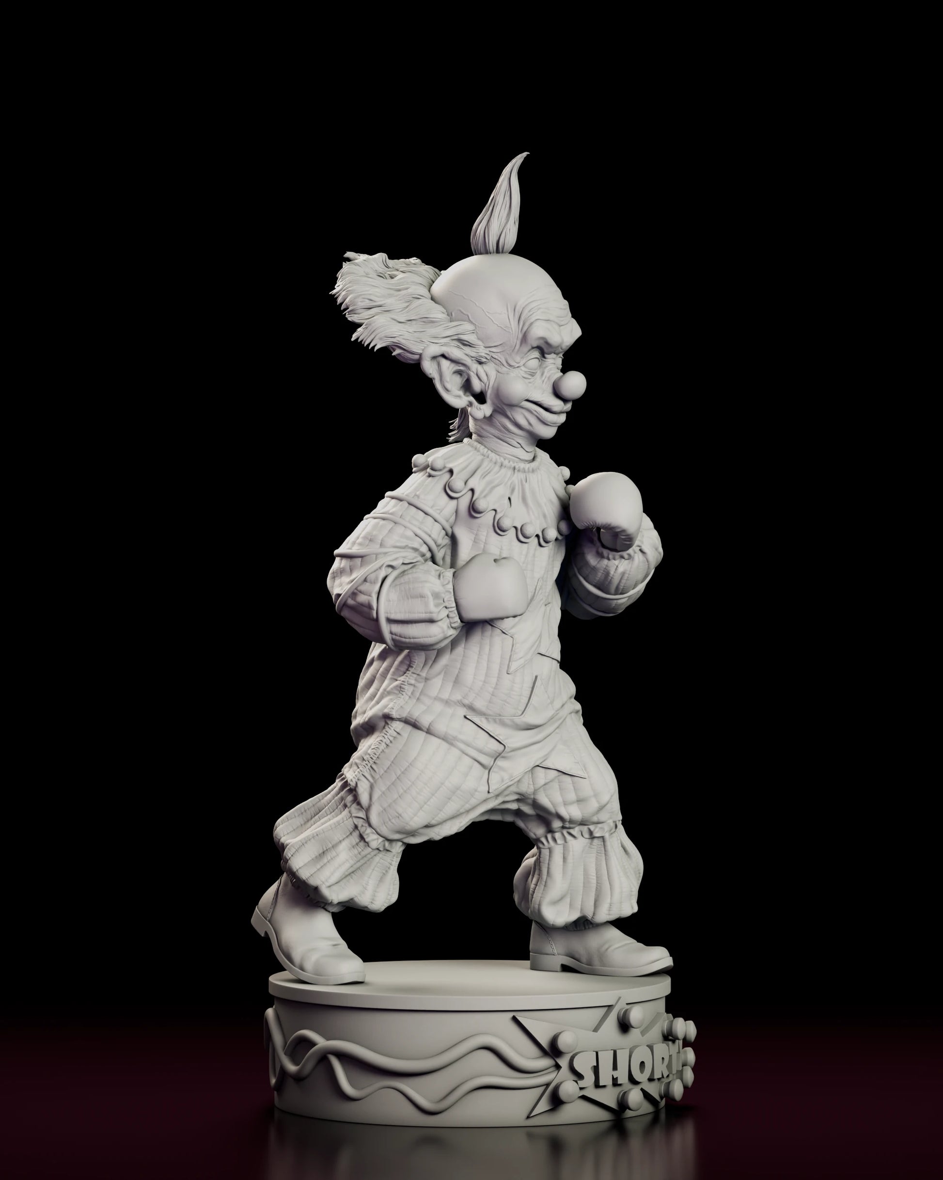 Right side view of the Shorty figure model kit showing the braced stance, the ribbed corduroy smock and the ruffled cuffs above flat ankle boots