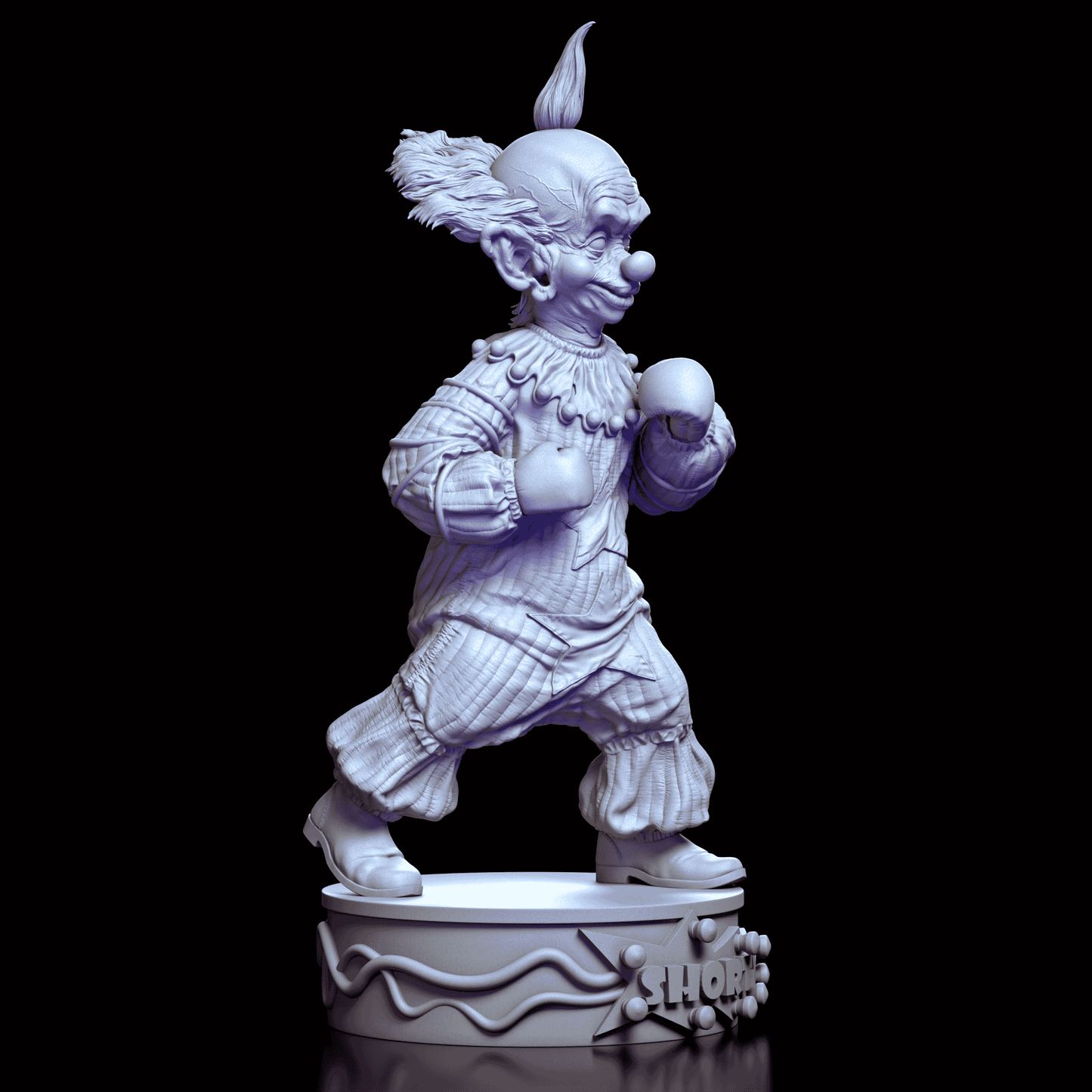 Right side view of Shorty figure mid-step with dynamic pose and grinning expression