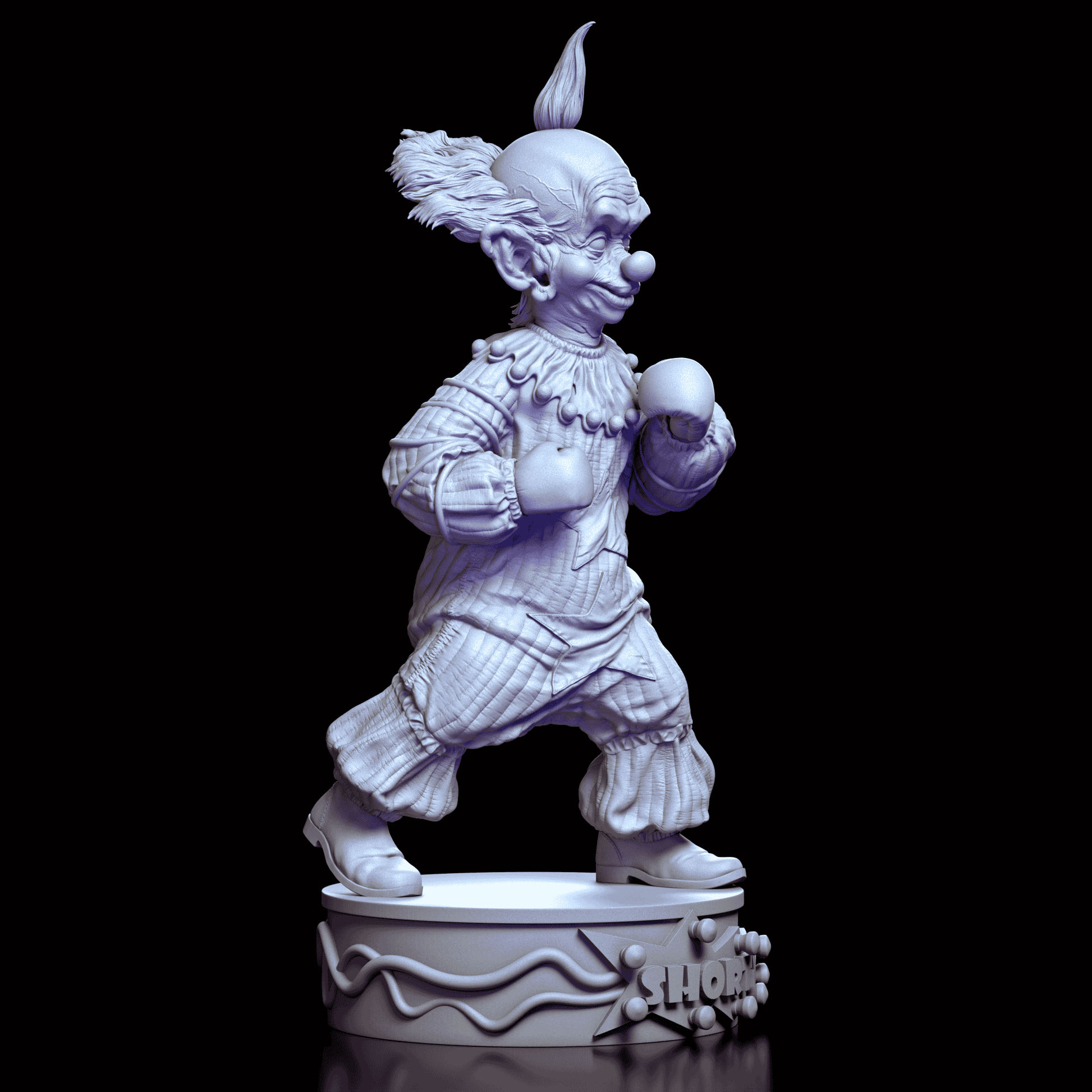 Right side view of Shorty figure mid-step with dynamic pose and grinning expression