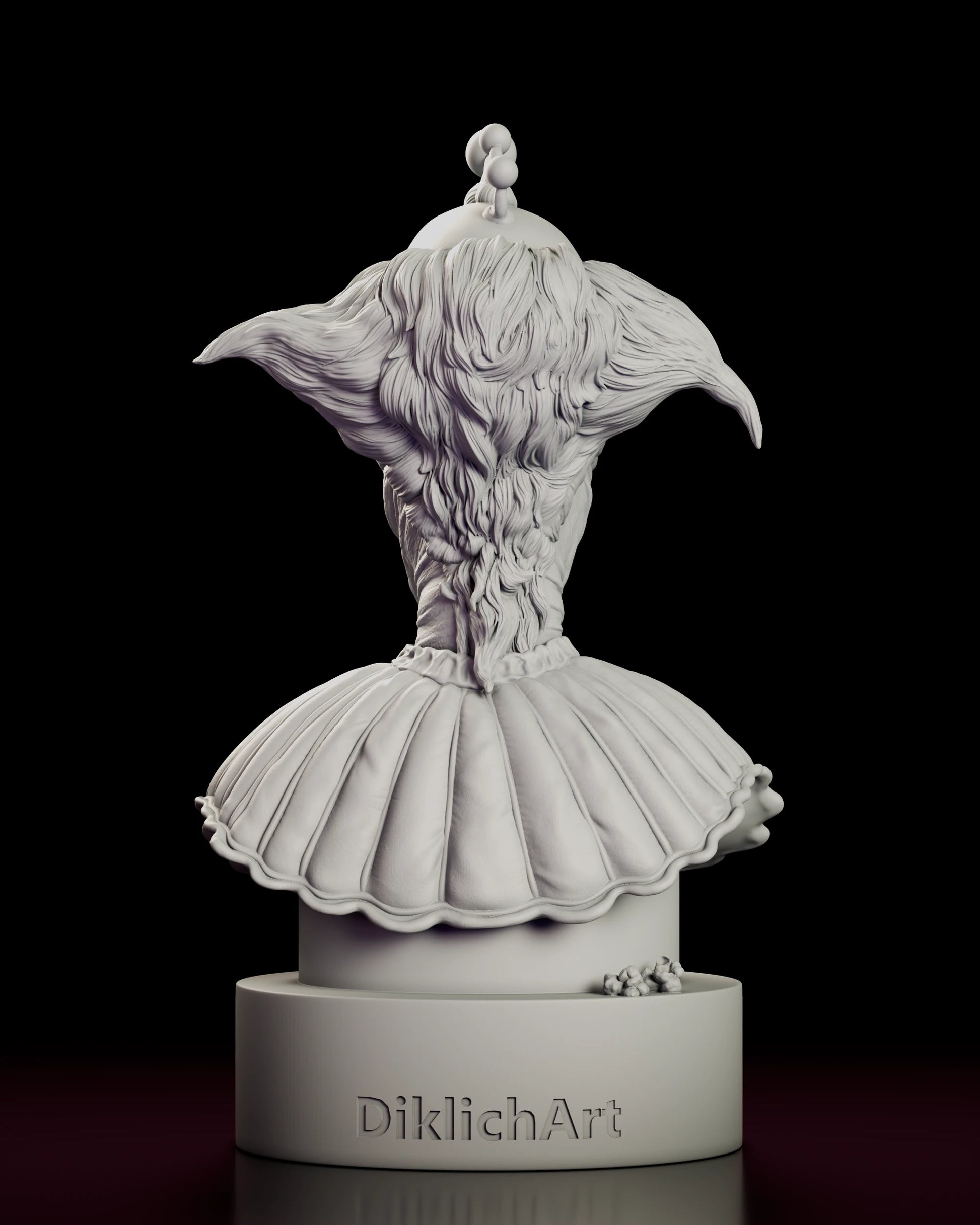 Back view of the Slim bust figure model kit showing the hair fanning out in two heavy wings above the collar and the sculptor mark on the plinth