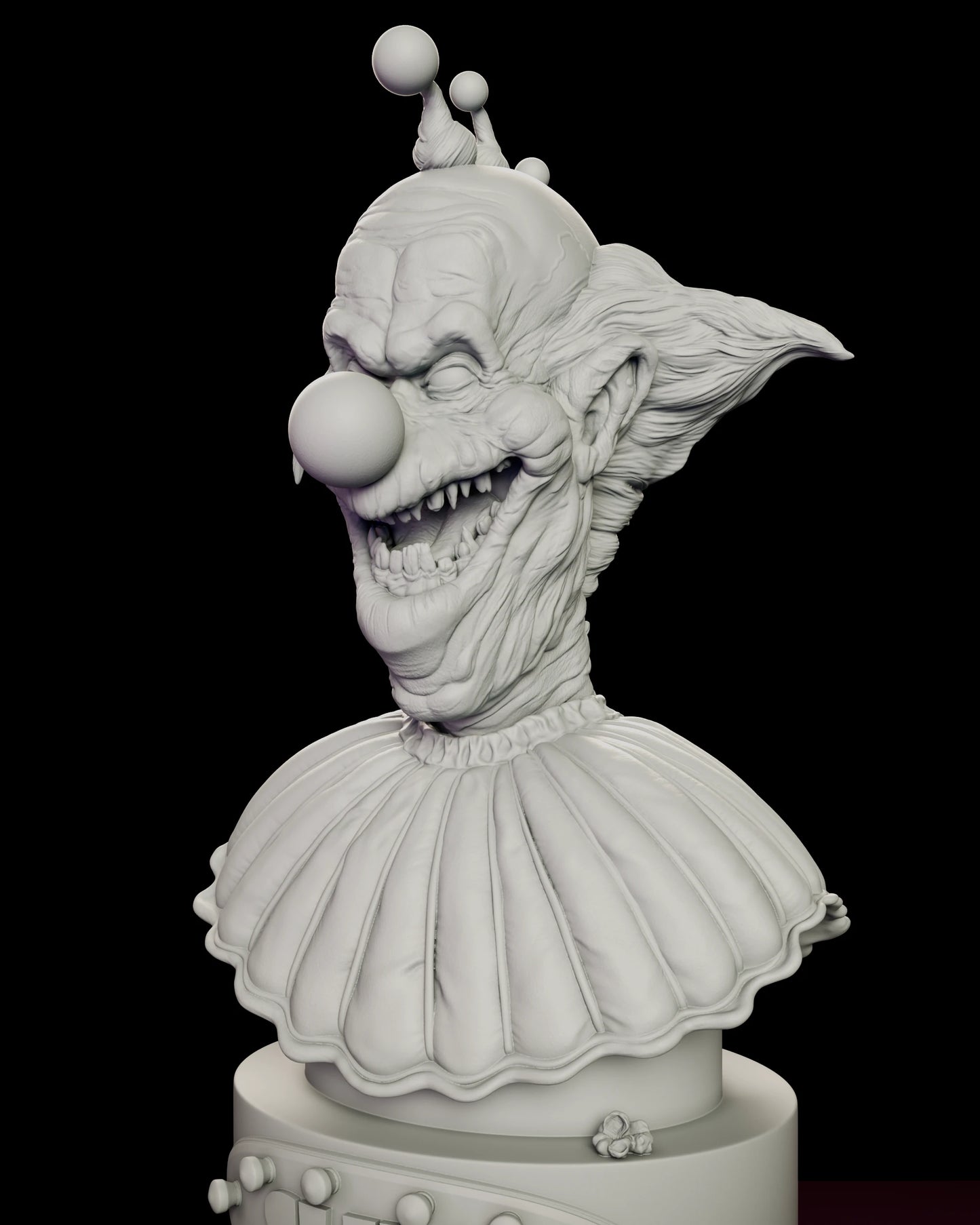Angled close view of the Slim bust figure model kit showing the three pompoms on the cap, the sweeping pointed ear and the full width of the toothy grin