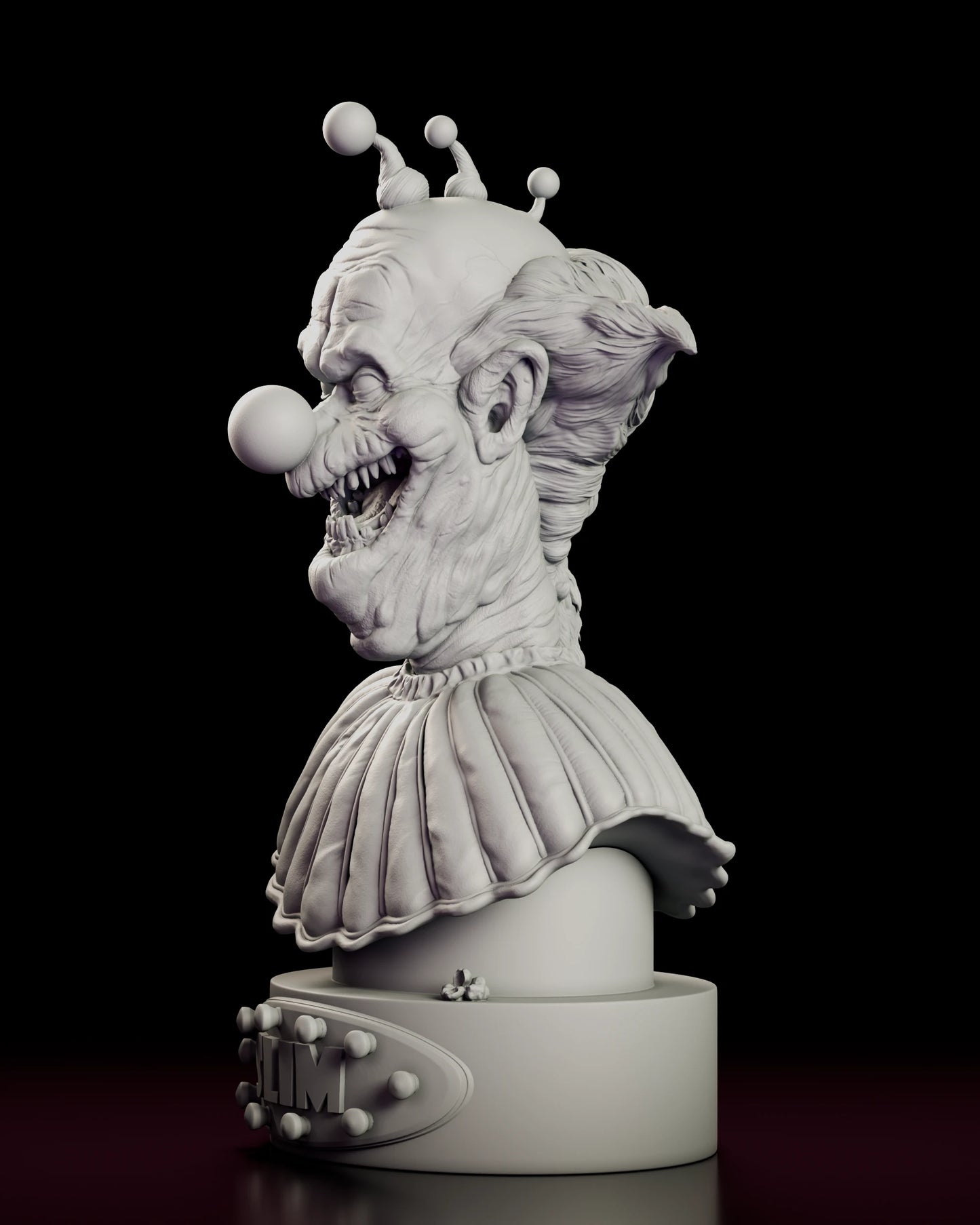 Left side view of the Slim bust figure model kit showing the pompom stalks, the deeply creased neck and popcorn scattered on the plinth ledge