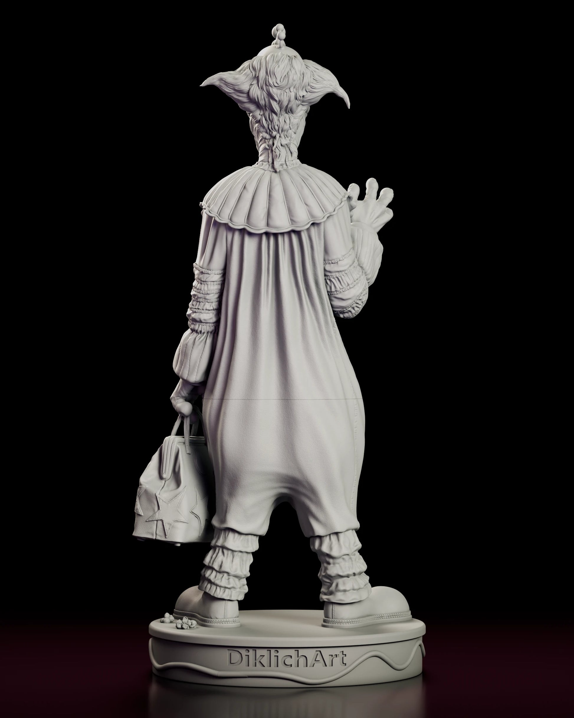 Back view of the Slim figure model kit showing the hair sweeping out behind the pleated collar and the sculptor mark on the rear of the plinth