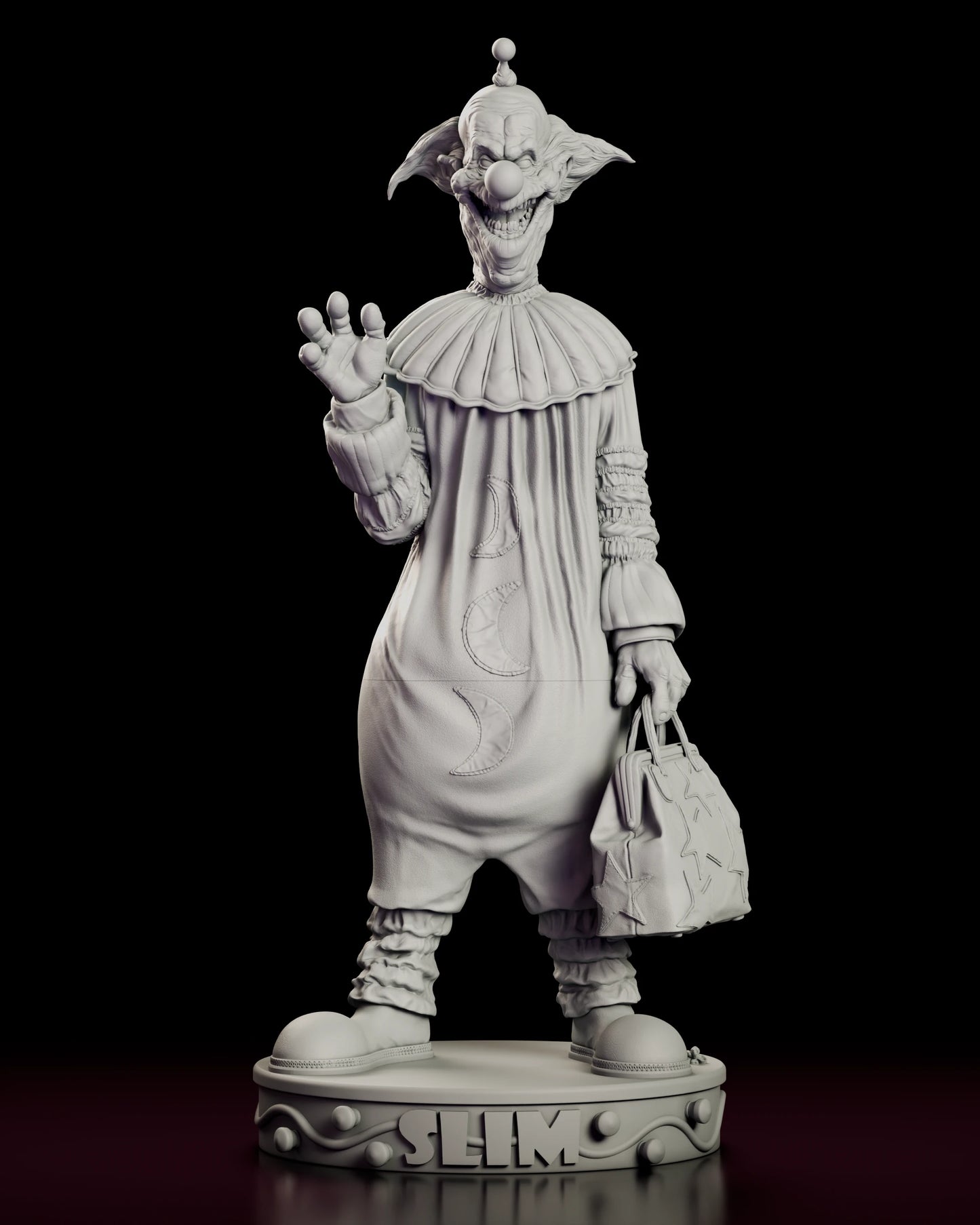 Front view of the Slim figure model kit standing on a round lettered plinth, one hand raised in a wave and a star-patched bag hanging from the other