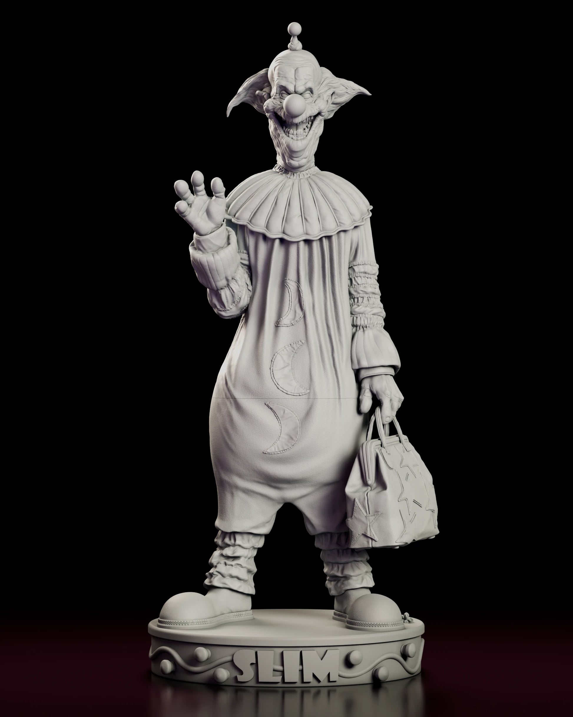 Front view of the Slim figure model kit standing on a round lettered plinth, one hand raised in a wave and a star-patched bag hanging from the other