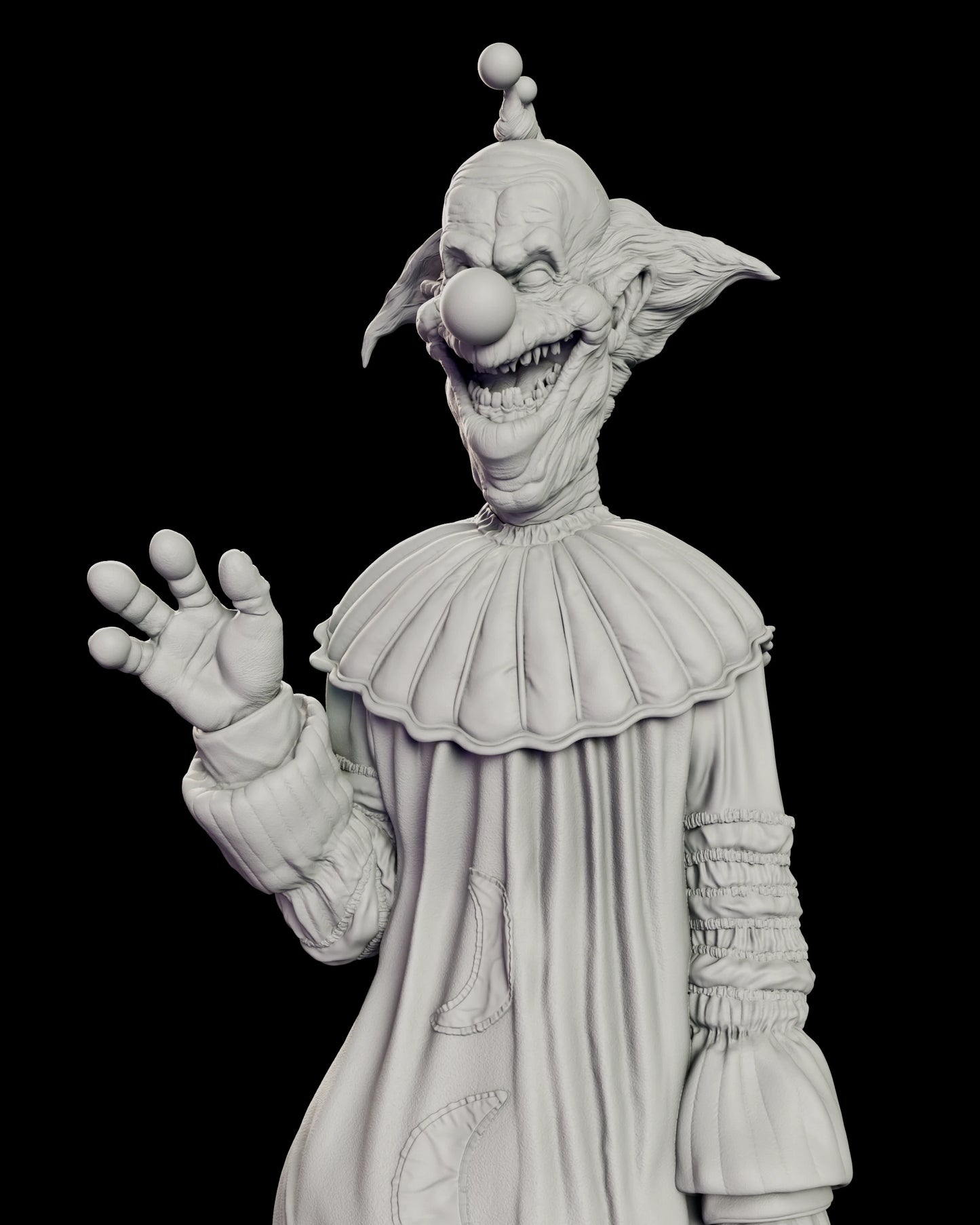 Close view of the Slim figure model kit showing the raised waving hand, pleated collar and the ear-to-ear grin of pointed teeth