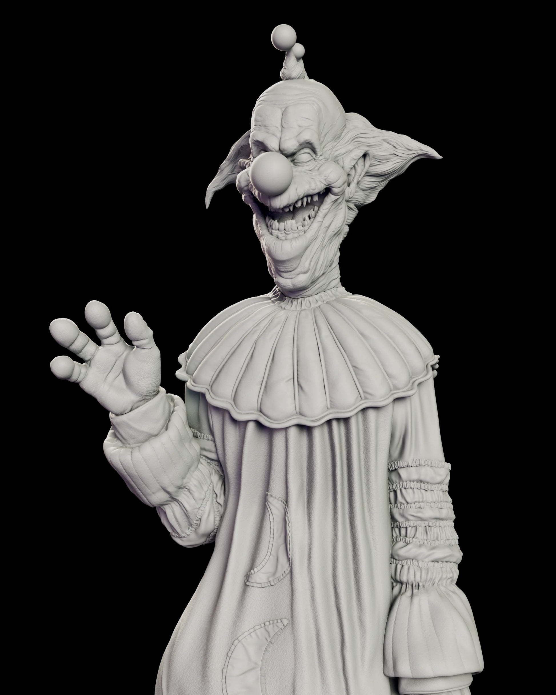 Close view of the Slim figure model kit showing the raised waving hand, pleated collar and the ear-to-ear grin of pointed teeth