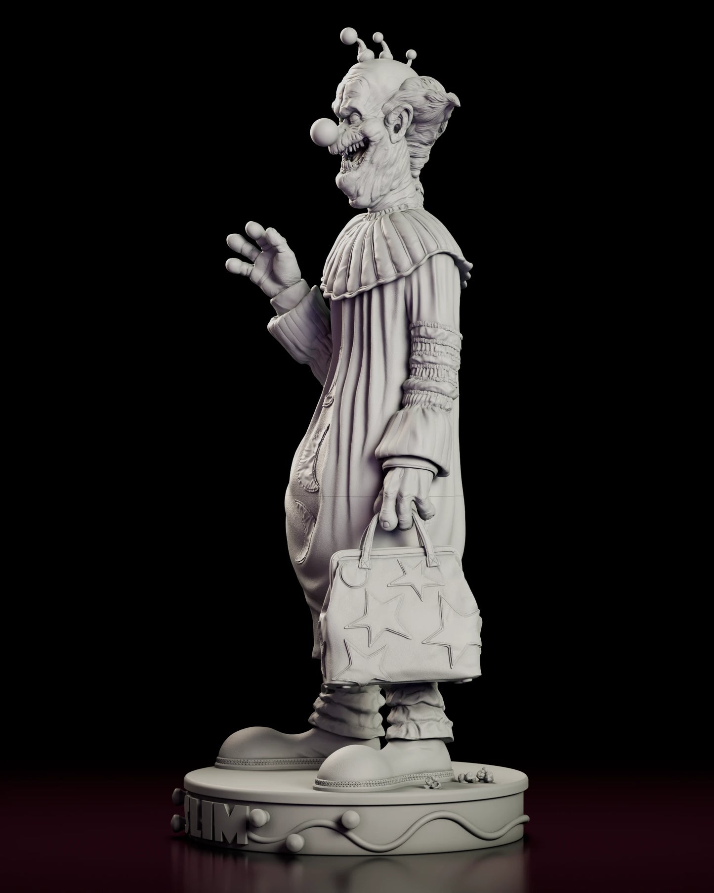 Left side view of the Slim figure model kit showing the star-covered carpet bag, deep ruffled cuffs and spilled popcorn scattered across the base