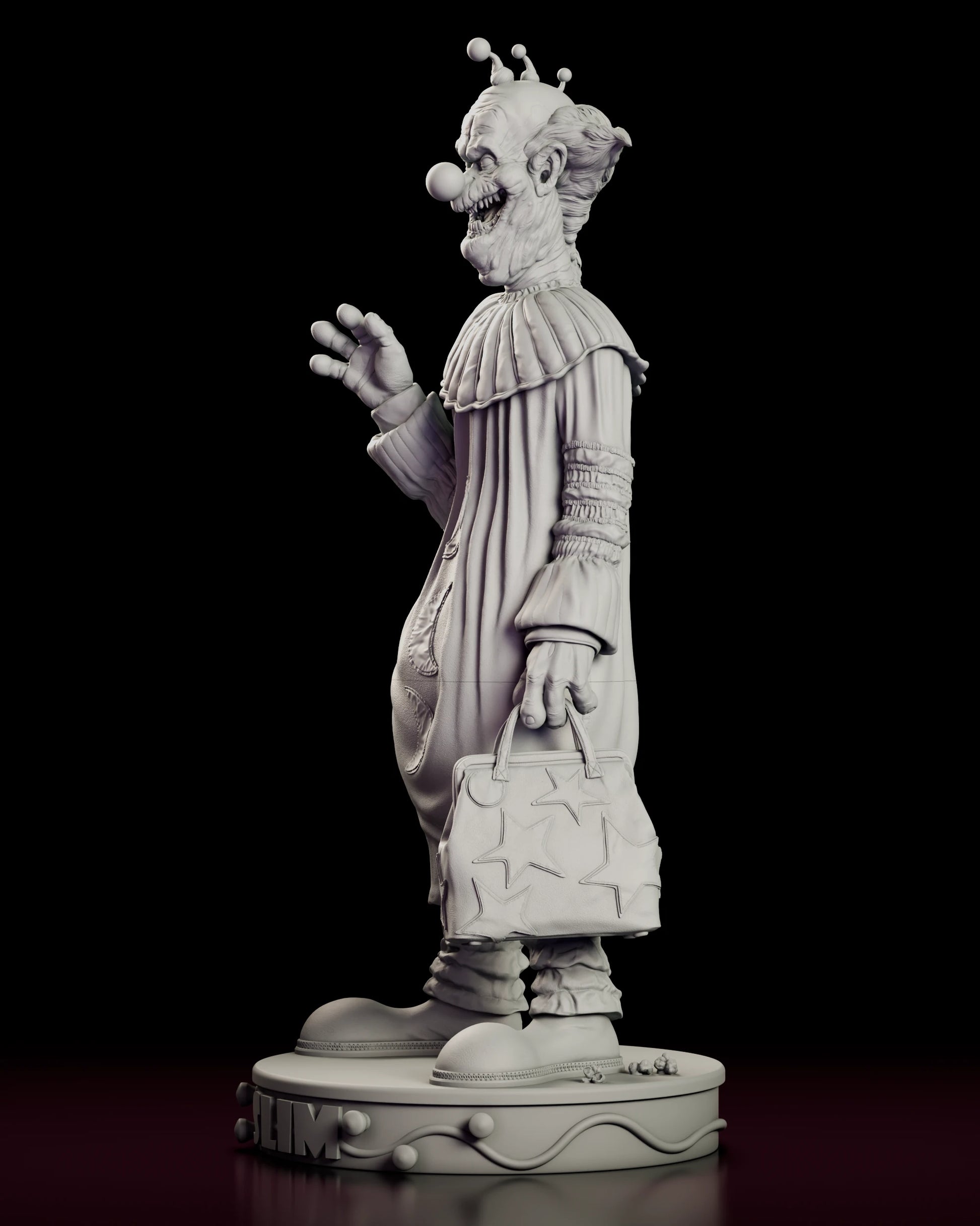 Left side view of the Slim figure model kit showing the star-covered carpet bag, deep ruffled cuffs and spilled popcorn scattered across the base