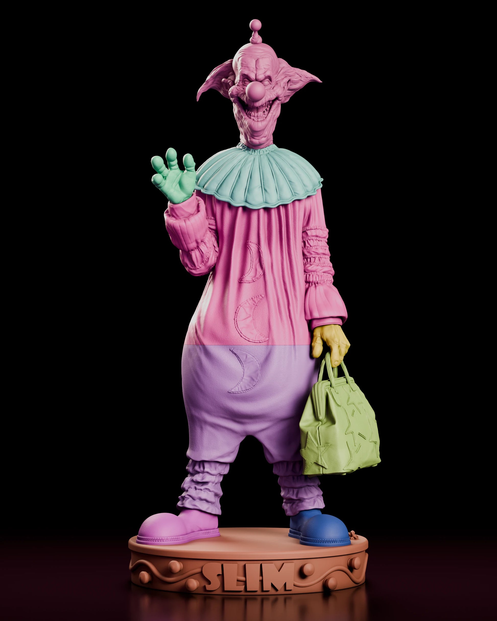 Parts breakdown of the Slim figure model kit with the head, collar, hands, smock, legs, bag, shoes and lettered base shown as separate components