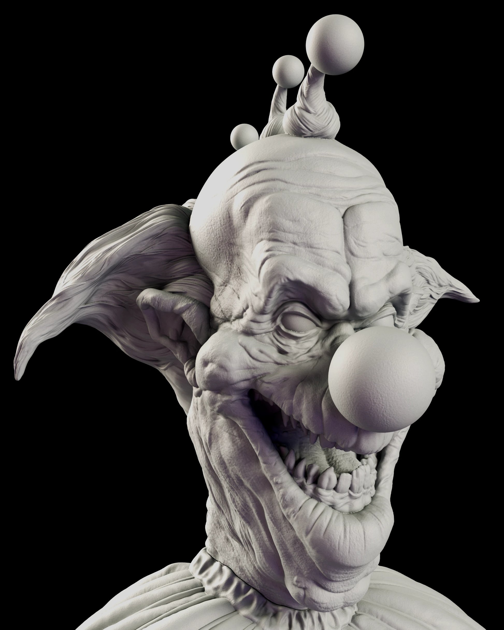 Portrait view of the Slim figure model kit with its wrinkled domed skull, pompom cap, sweeping pointed ears and bulbous clown nose