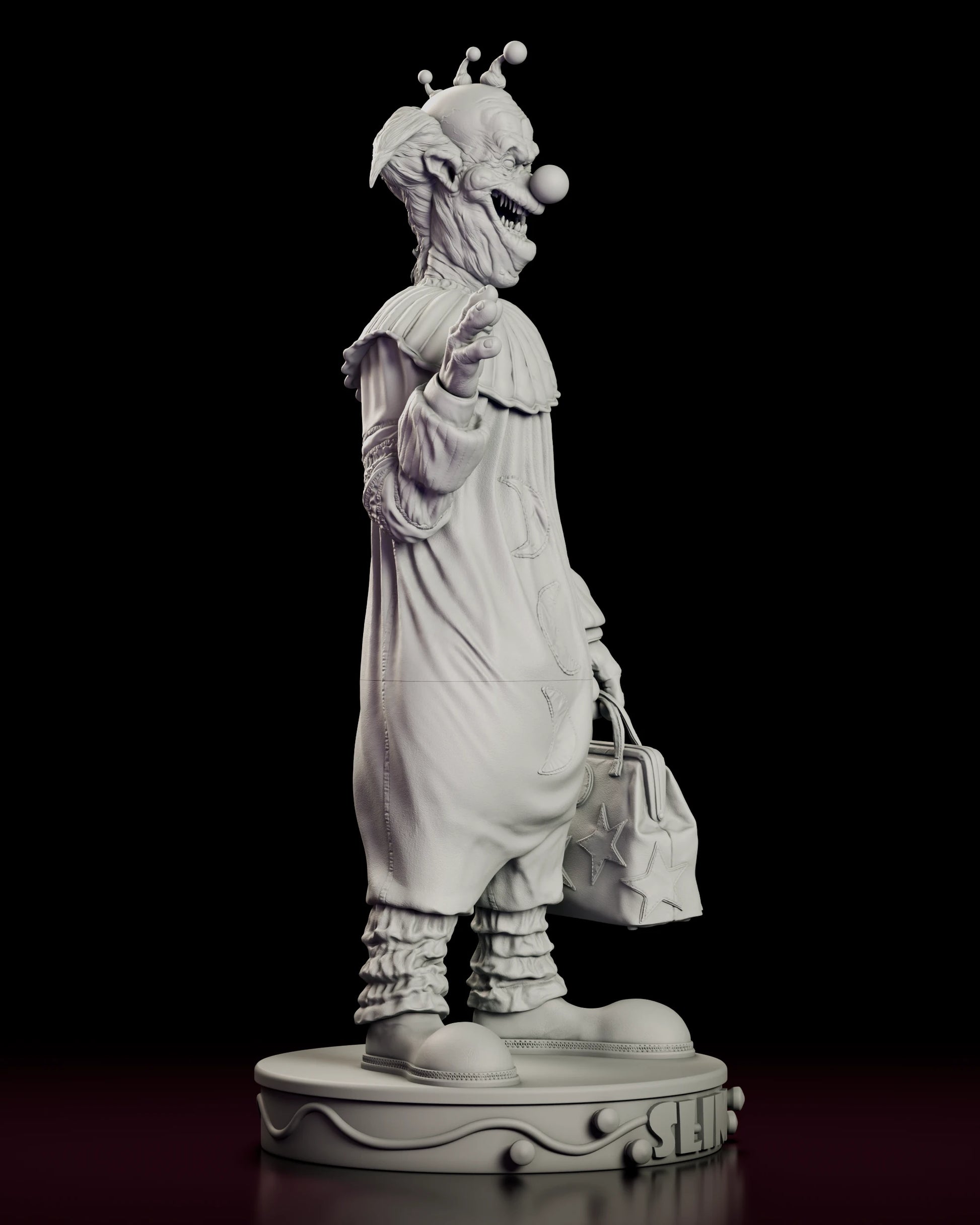 Right side view of the Slim figure model kit showing the three pompoms nodding behind the cap and the crescent moon patches across the baggy smock