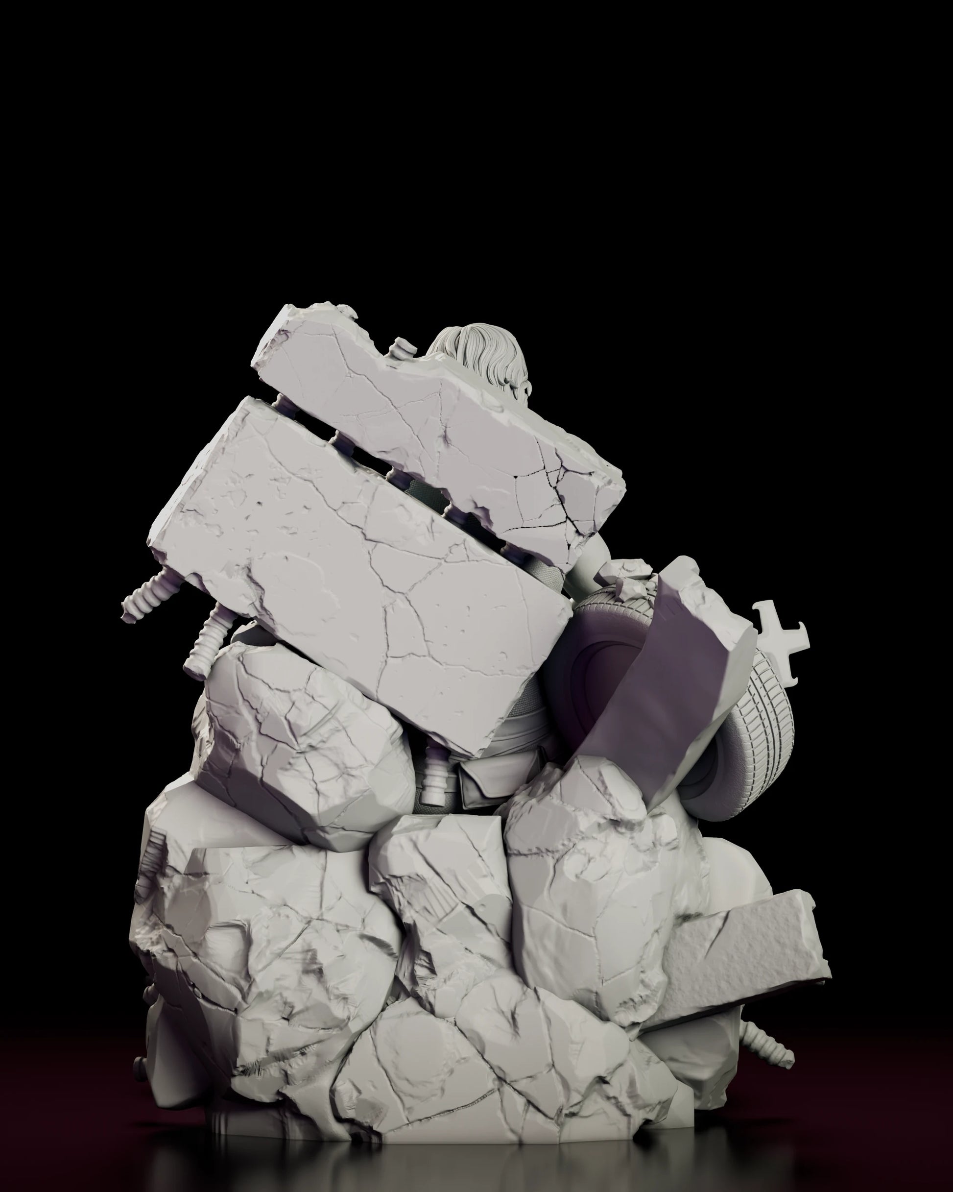 Rear view of the Snake Plissken figure model kit showing the stacked concrete slabs and twisted rebar that form the back of the base