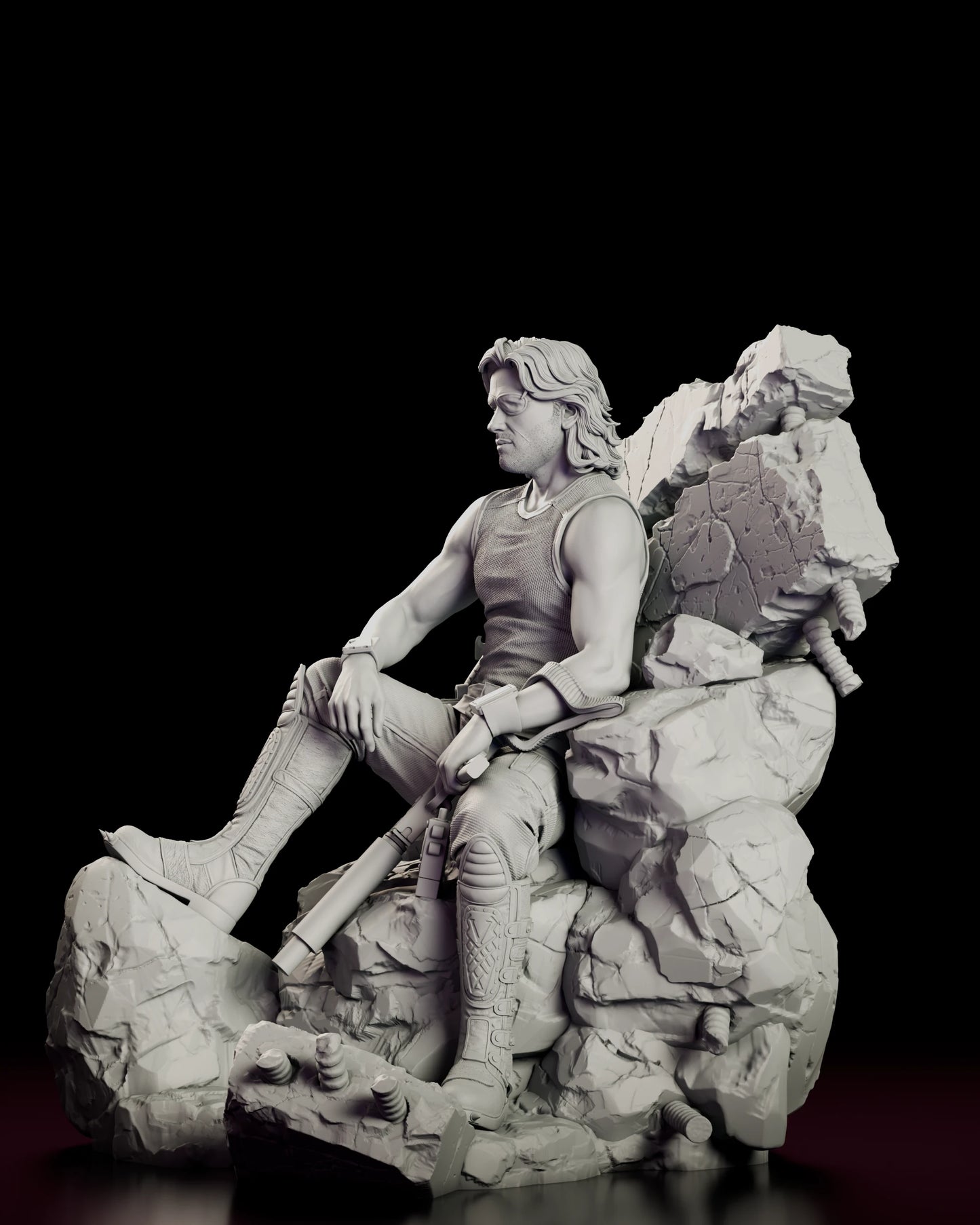Left side view of the Snake Plissken figure model kit showing the suppressor hanging below the knee and rebar breaking out of the concrete base