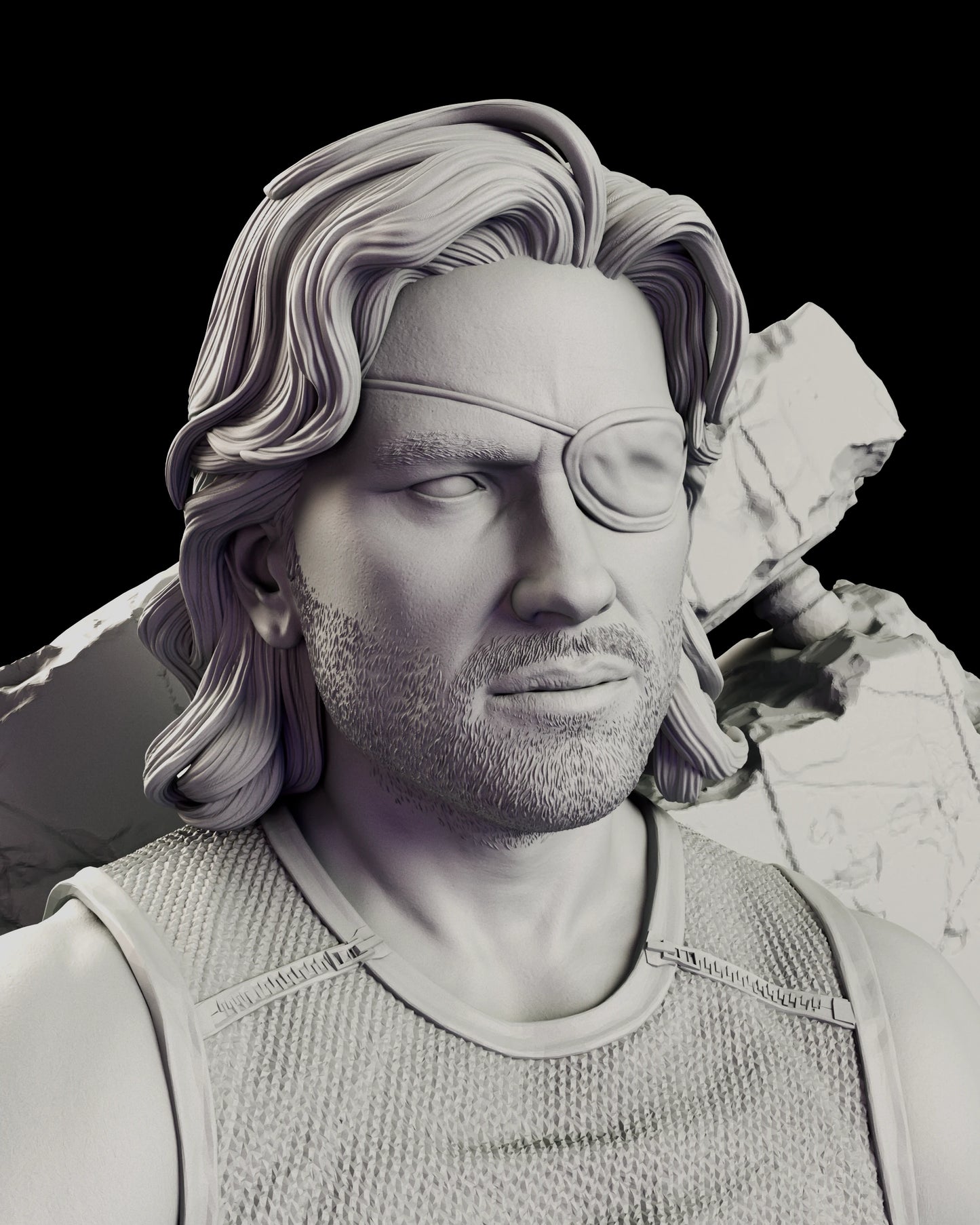 Portrait view of the Snake Plissken figure model kit with layered shoulder length hair, heavy stubble and a sculpted eyepatch over his left eye