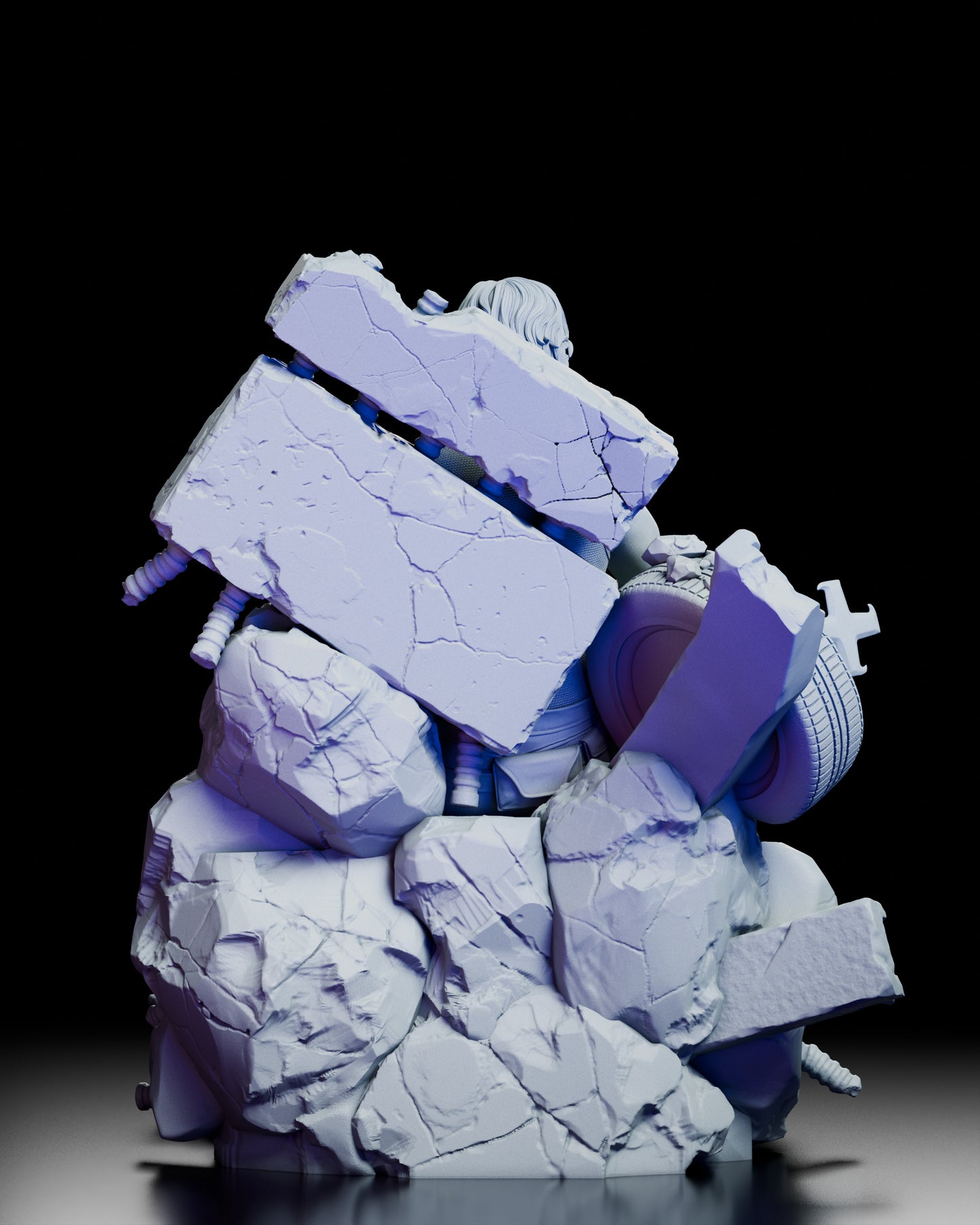 Rear view of Snake Plissken figure model featuring rubble, broken concrete, and embedded debris