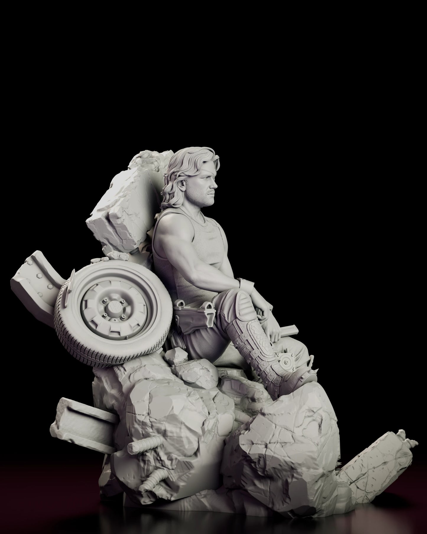 Right side view of the Snake Plissken figure model kit showing the raised boot, knee pad and the salvaged wheel set into the base