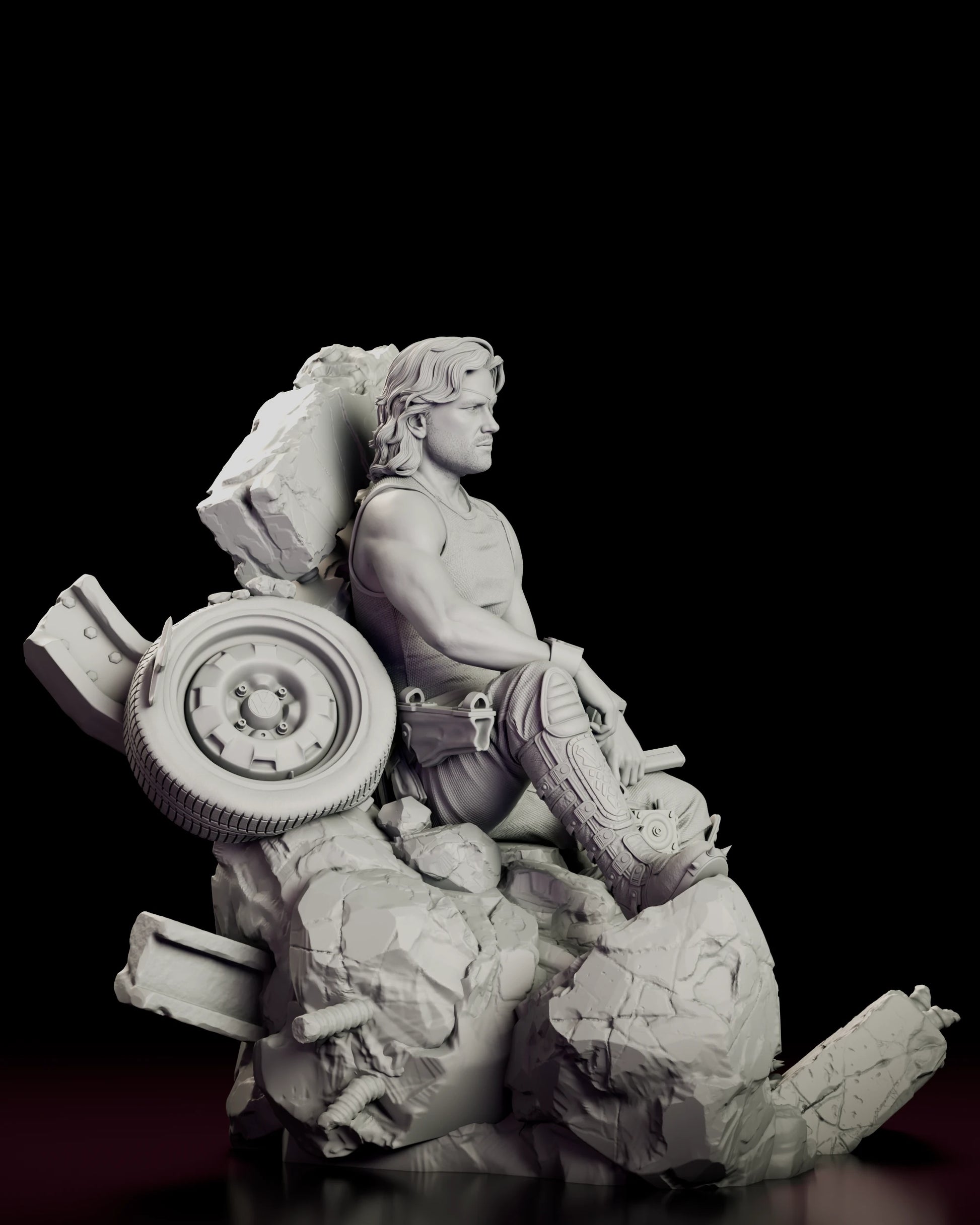 Right side view of the Snake Plissken figure model kit showing the raised boot, knee pad and the salvaged wheel set into the base